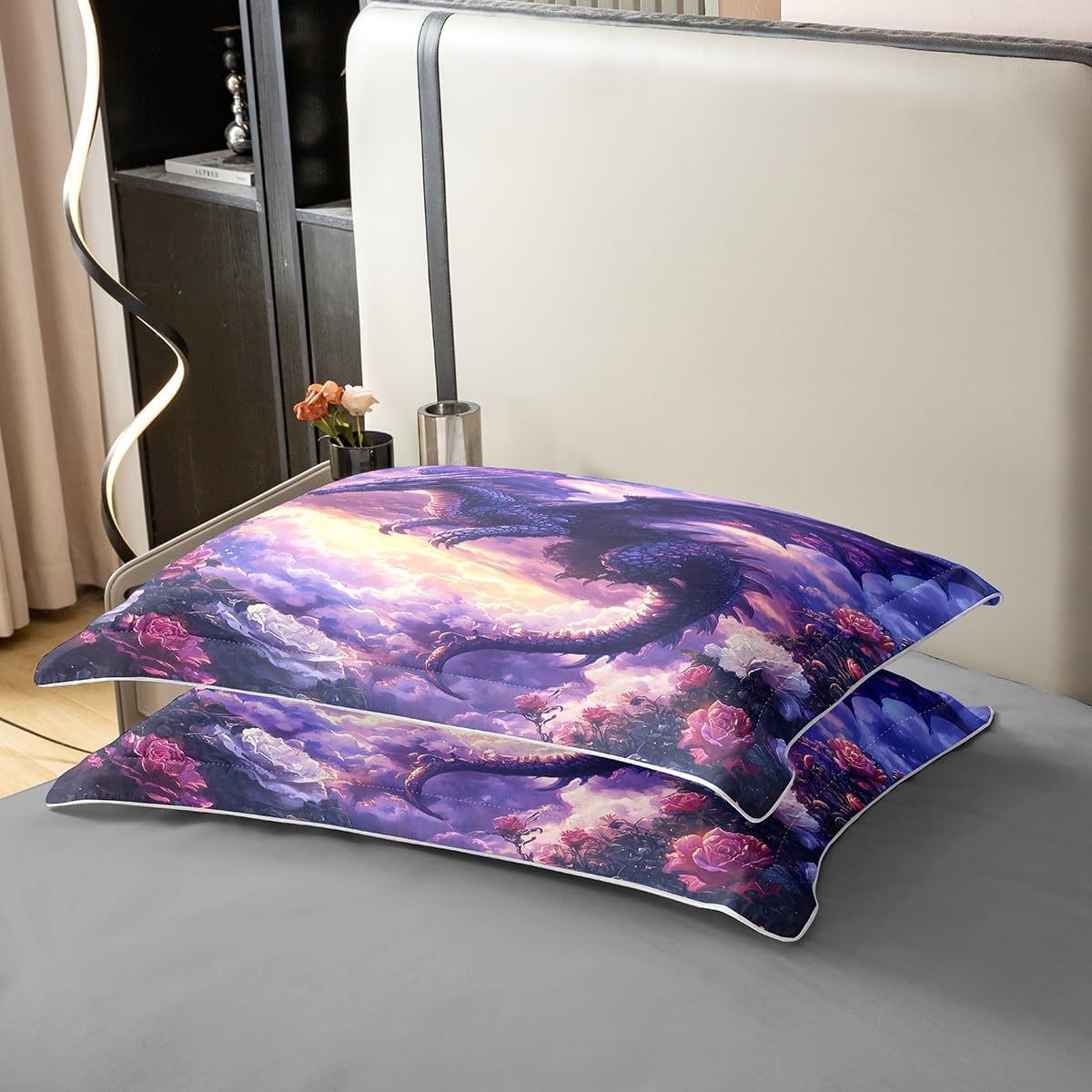 100% Cotton Western Dragon Duvet Cover,Gothic Flying Dragon Floral Comforter Cover(No Filler),Mystic Animal Sky Clouds Romantic Flowers Decorative Quilt Cover,3Pcs Full Size