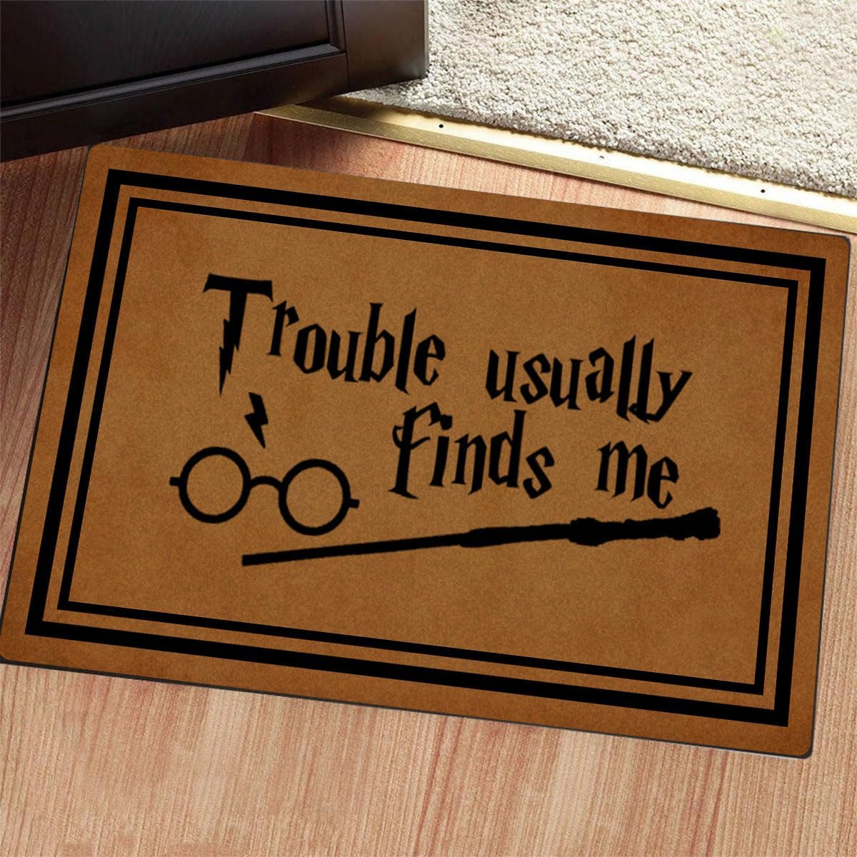 Funny Welcome Outdoor Decor for Front Porch Rugs Trouble Usually Finds Me Personalized Monogram Kitchen Mats with Anti-Slip Rubber Back Novelty House Warming Gift Welcome Mat(23.7 X 15.9 in)