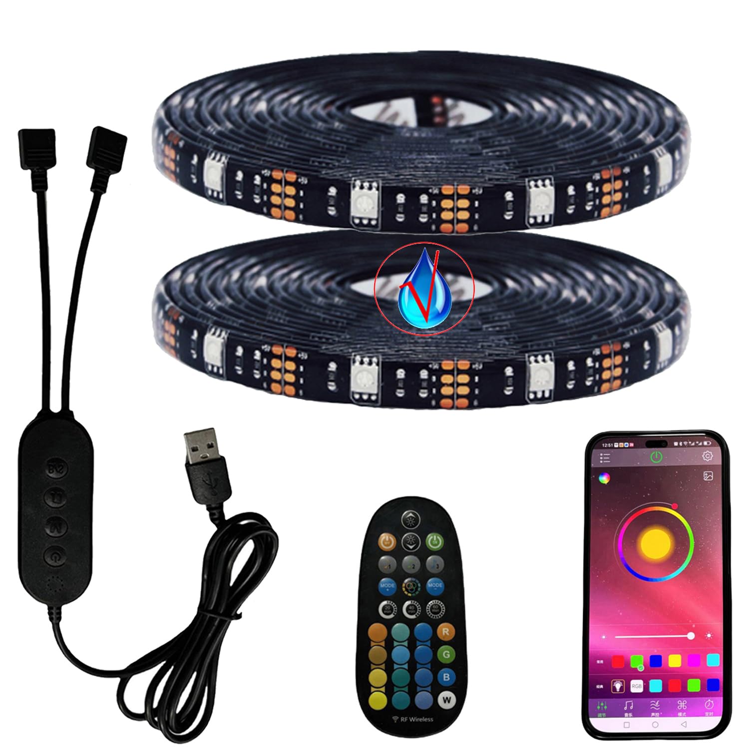 FOLGEMIR 1 Meter (2x 0,5M) RGB LED Streifen dimmbar, Bluetooth/APP kontrollierte TV USB Hintergrundbeleuchtung mit RF Fernbedienung, 5050 RGB Strip für HDTV TV Beleuchtung, wasserdicht IP65
