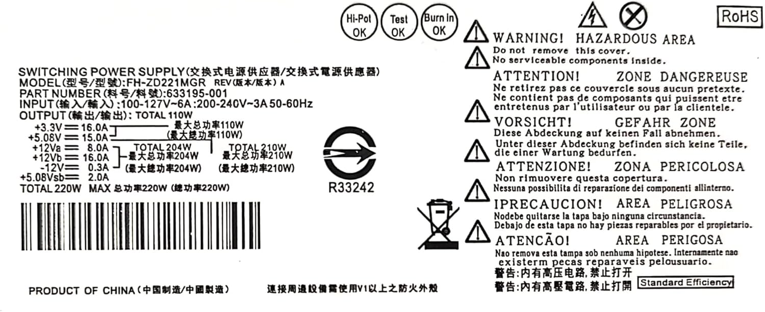 220W Power Supply Unit for HP Pavilion Slimline S5 S5-1xxx TouchSmart 310-1205la Desktop PC P/N:633193-001 633195-001 633196-001,M/N:PCA222 PCA322 FH-ZD221MGR