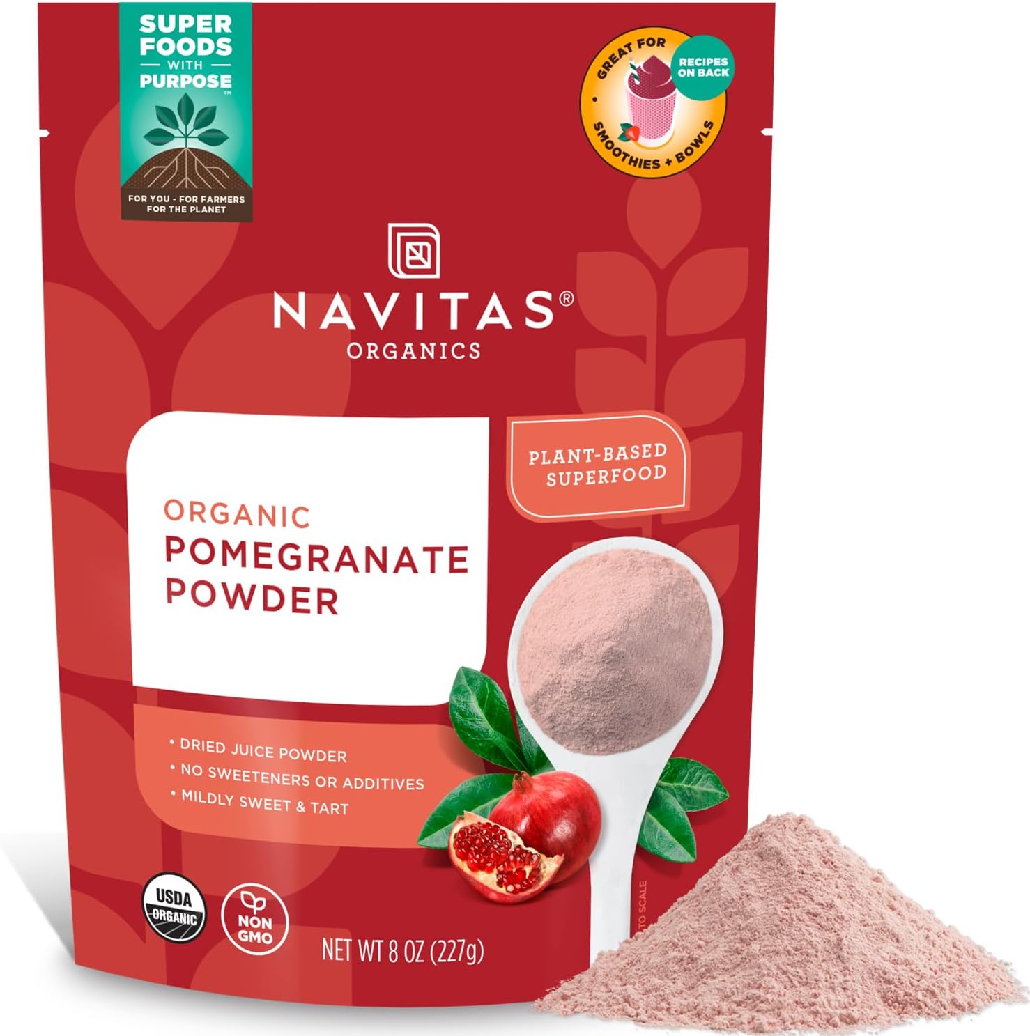 Navitas Organics Pomegranate Powder – Organic Juice Powder - For Smoothies, Desserts, Dips & More – Antioxidant Support - USDA Organic, Non GMO, Kosher, Gluten Free, Vegan (8oz. Bag, 45 Servings)