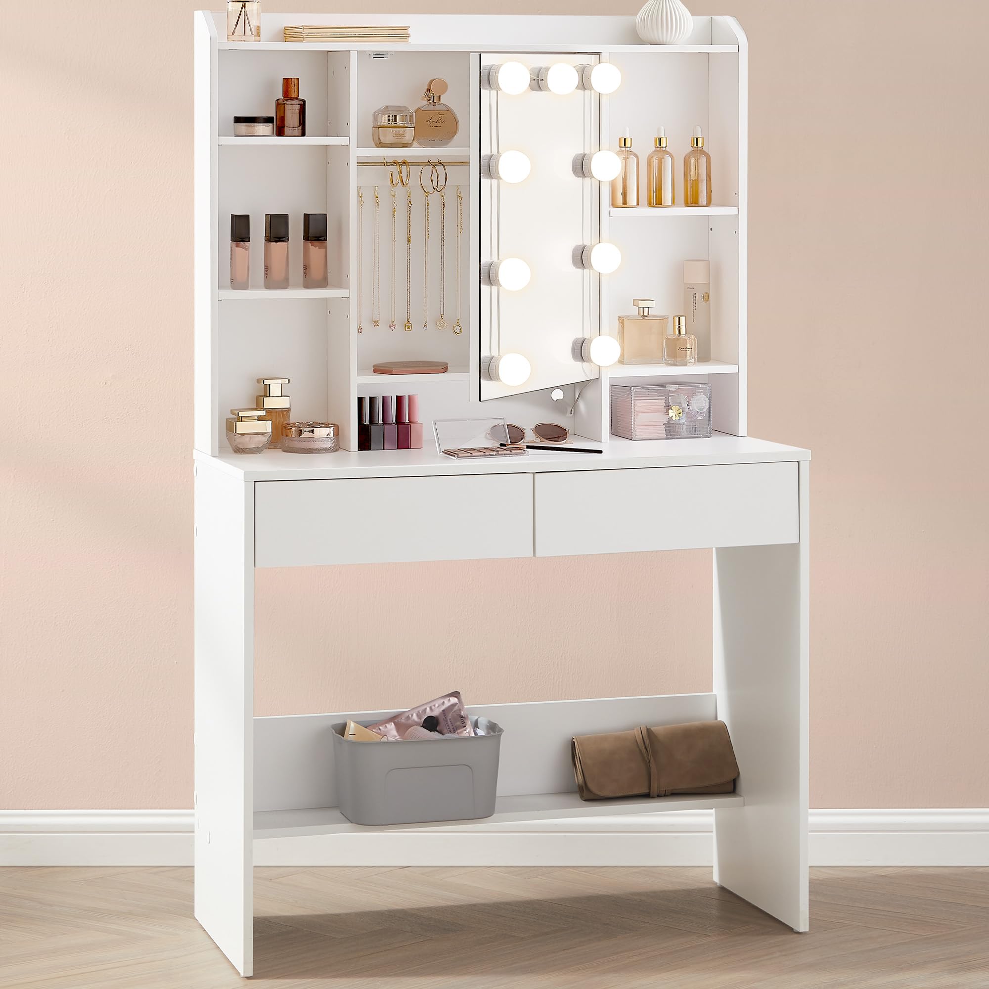 VASAGLE KAILYN Collection - Dressing Table with LED Lights, 9 Bulbs, 3 Light Colours, Vanity Desk with Mirror, Adjustable Shelves, 2 Drawers, Makeup Desk, Modern, Cloud White RDT126W02