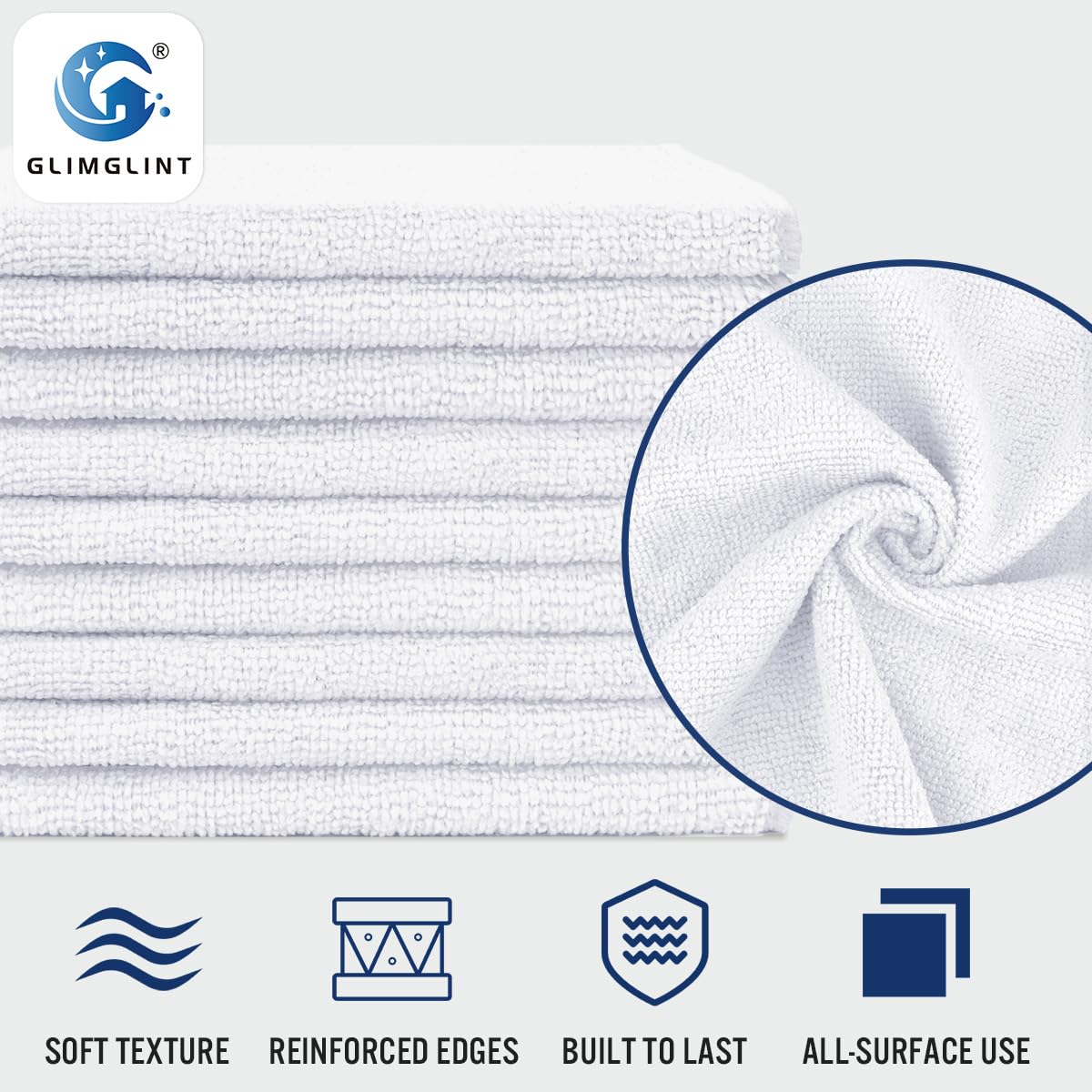 GLIMGLINT Panno per la pulizia in microfibra bianco, confezione da 150 asciugamani in microfibra per auto, senza pelucchi, antigraffio, altamente assorbenti, riutilizzabili, per auto, casa, negozio
