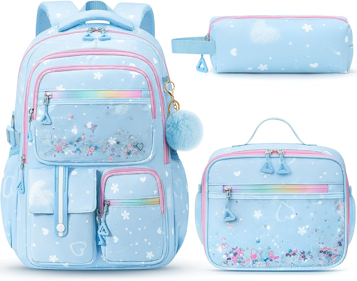 Backpack for Girls, 3 PCS Bookbag Set with Lunch Box & Pencil Case