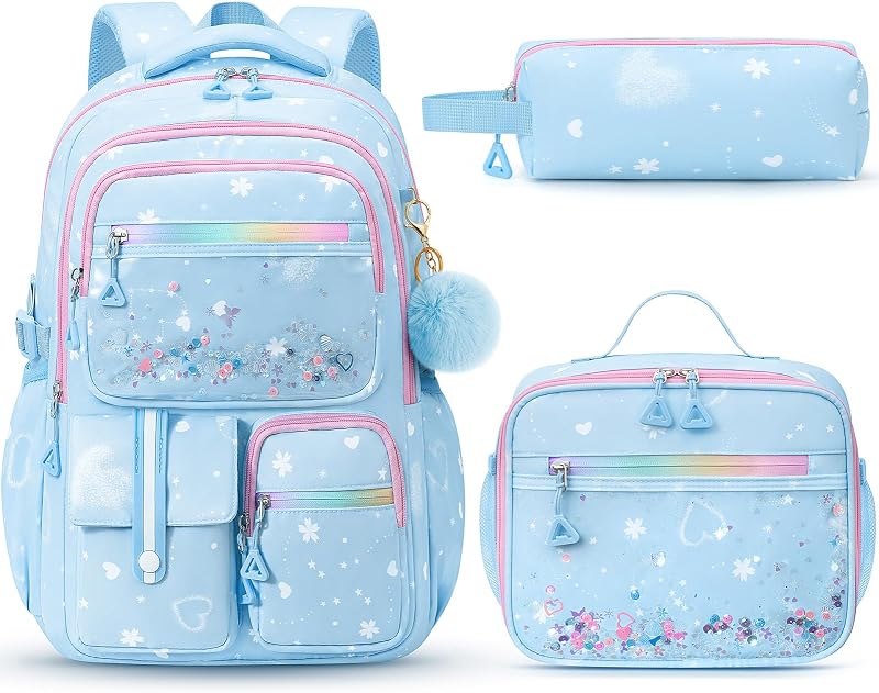 Backpack for Girls, 3 PCS Bookbag Set with Lunch Box & Pencil Case