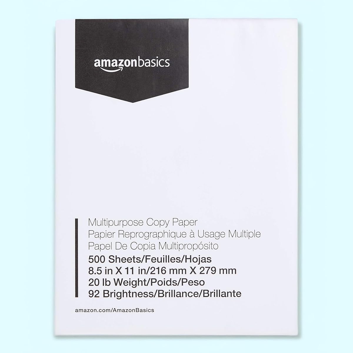 Amazon Basics Papel multiusos para impresora de copias, 8,5 x 11 pulgadas, 20 lb, 92 brillante, blanco, 1 resma (500 hojas), sin atascos