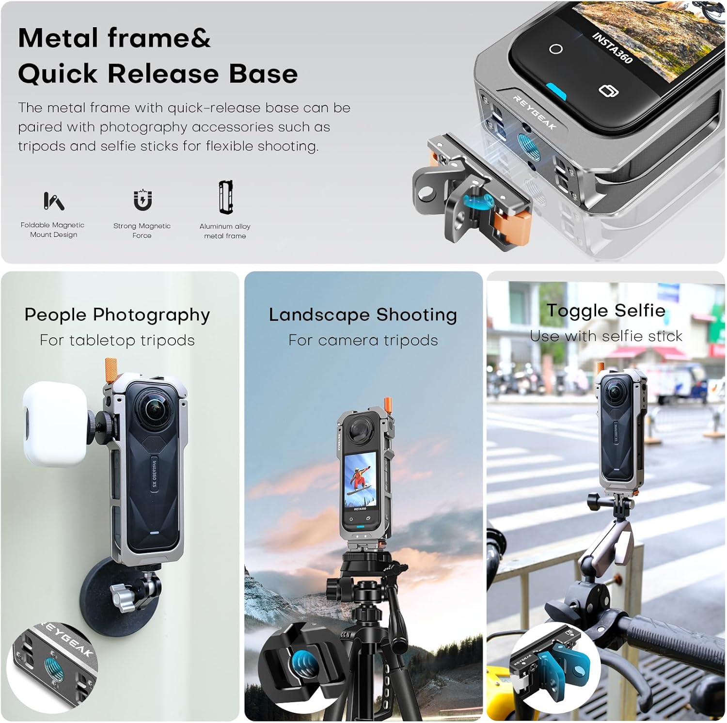 REYGEAK Aluminium Cage for Insta360 X5,Protective Utility Frame for Insta360 X5,Quick Release Base Mount with Silicone Lens Cap,1/4 Thread Folding Fingers for Insta360 Accessories - Image 3