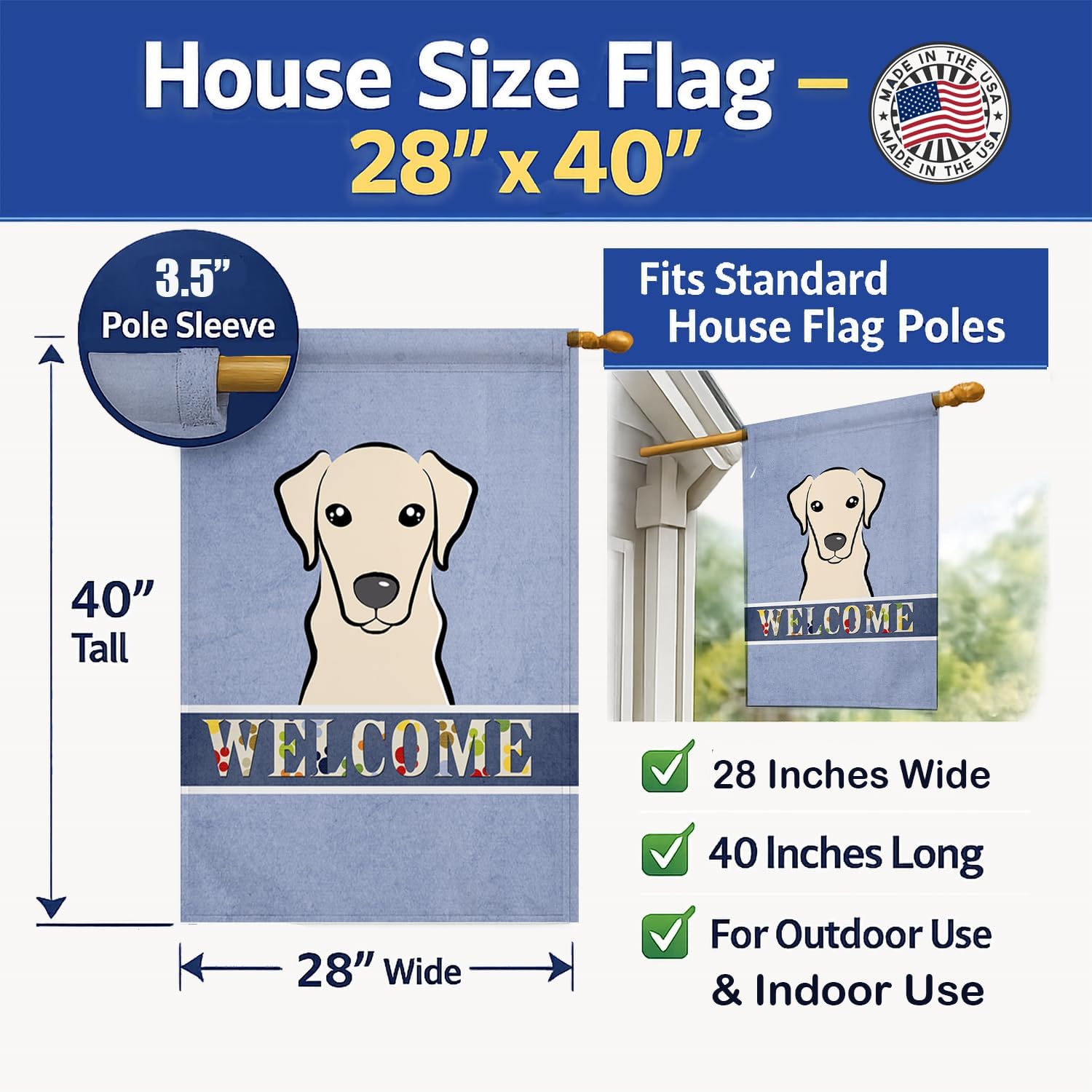 Caroline's Treasures BB1408CHF Yellow Labrador Welcome House Flag, Blue Large Porch Sleeve Pole Decorative Outside Yard Banner Artwork Wall Hanging, Polyester, House Size, Multicolor