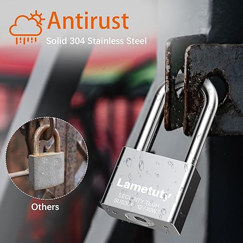 Miniatura 8 de Candado de acero inoxidable sólido con llave para uso en exteriores, 2.362in de ancho, candado resistente a la intemperie, candado de seguridad para