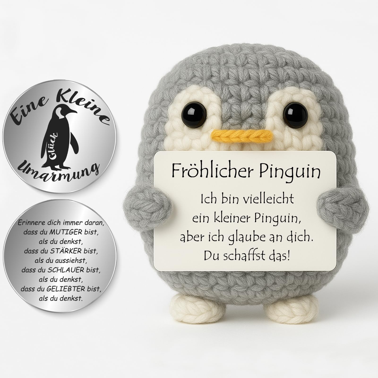 Tixlux Pocket Hug Fröhlicher Pinguin, Kreative Strickwolle Pinguin Dekofigur und Kleine Umarmung Glücksbringer, MutmacherGeschenk, Gute Besserung Geschenk, Einschulung Geschenk(Grau)