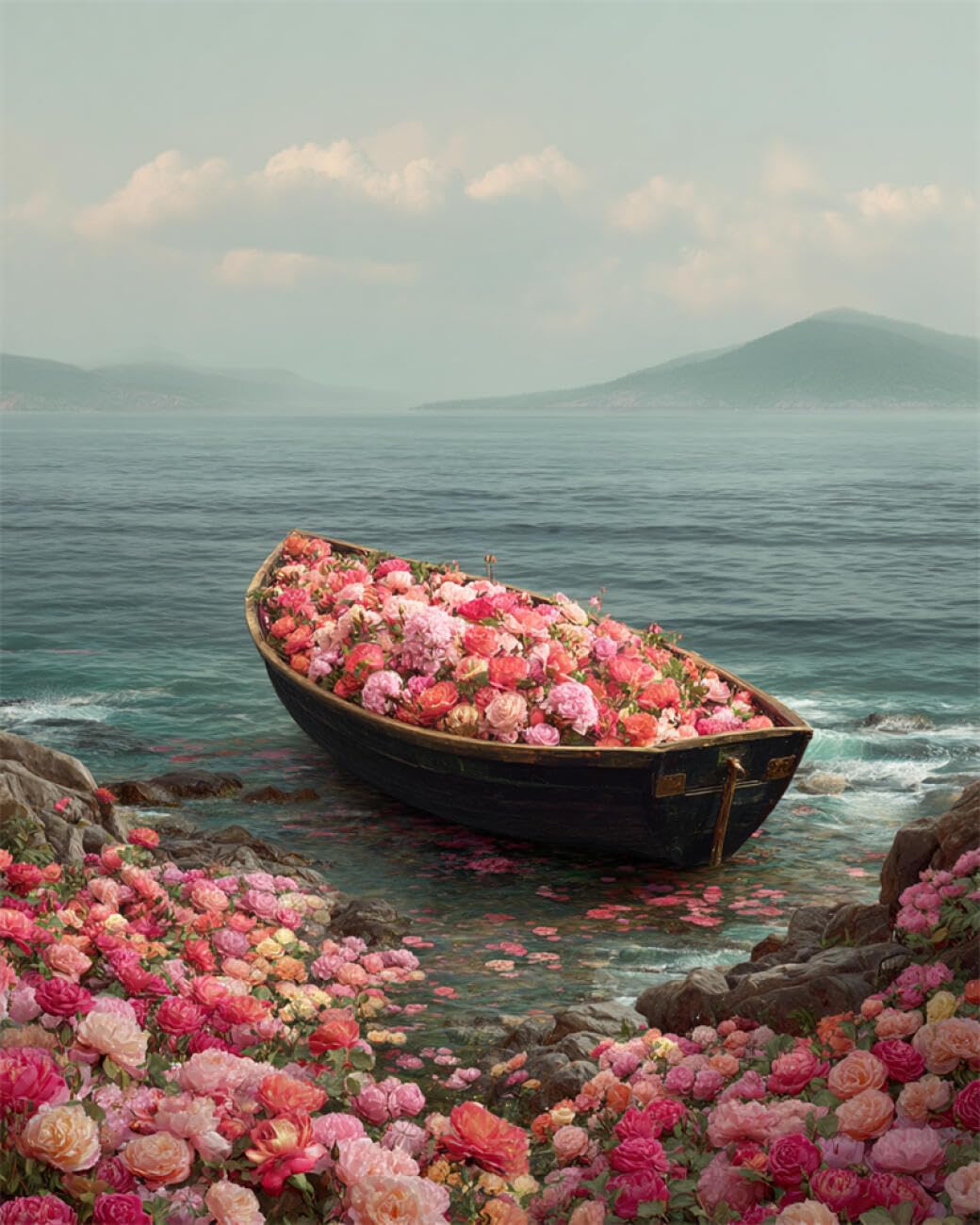 RKFLGEW DIY Bead Embroidery Kit Flowers and Boats 30x40cm