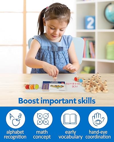 Miniatura 6 de Coogam Tarjeta de madera con sello de números del alfabeto, sellos de letras de ortografía ABC y matemáticas, sellos de números de aprendizaje para