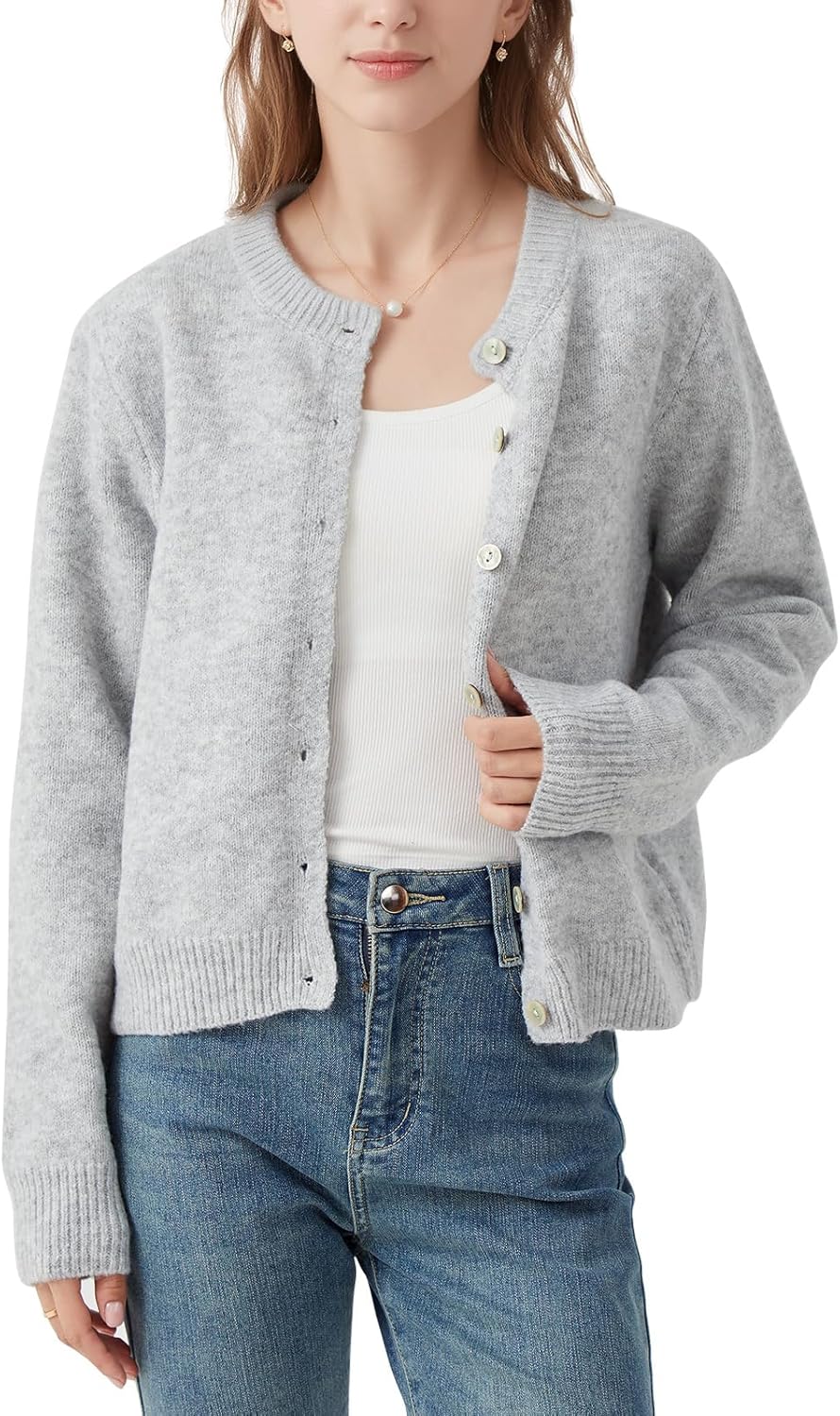 Topdear Cropped Cardigan Sweaters for Women, Open Front Long Sleeve Crop Knit Sweater for Dresses, for Jeans, XS to XL, Grey