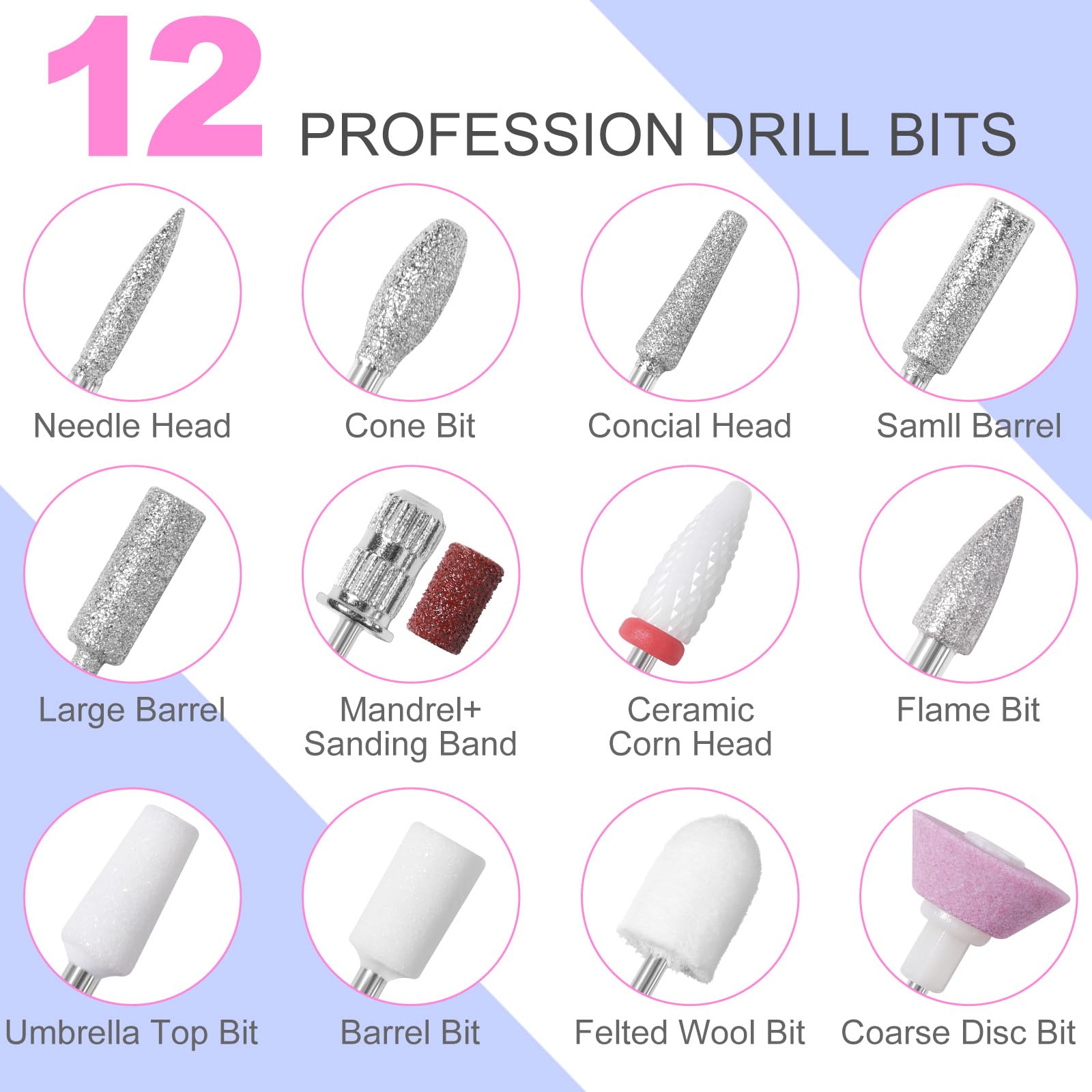 MEKK Nail Filer Electric Nail File,35000RPM Electric Nail Drill Kit with 12PCS Bits,Professional Anti-Shaking Cordless Nail Drill for Acrylic Nails,Home & Salon-Pink