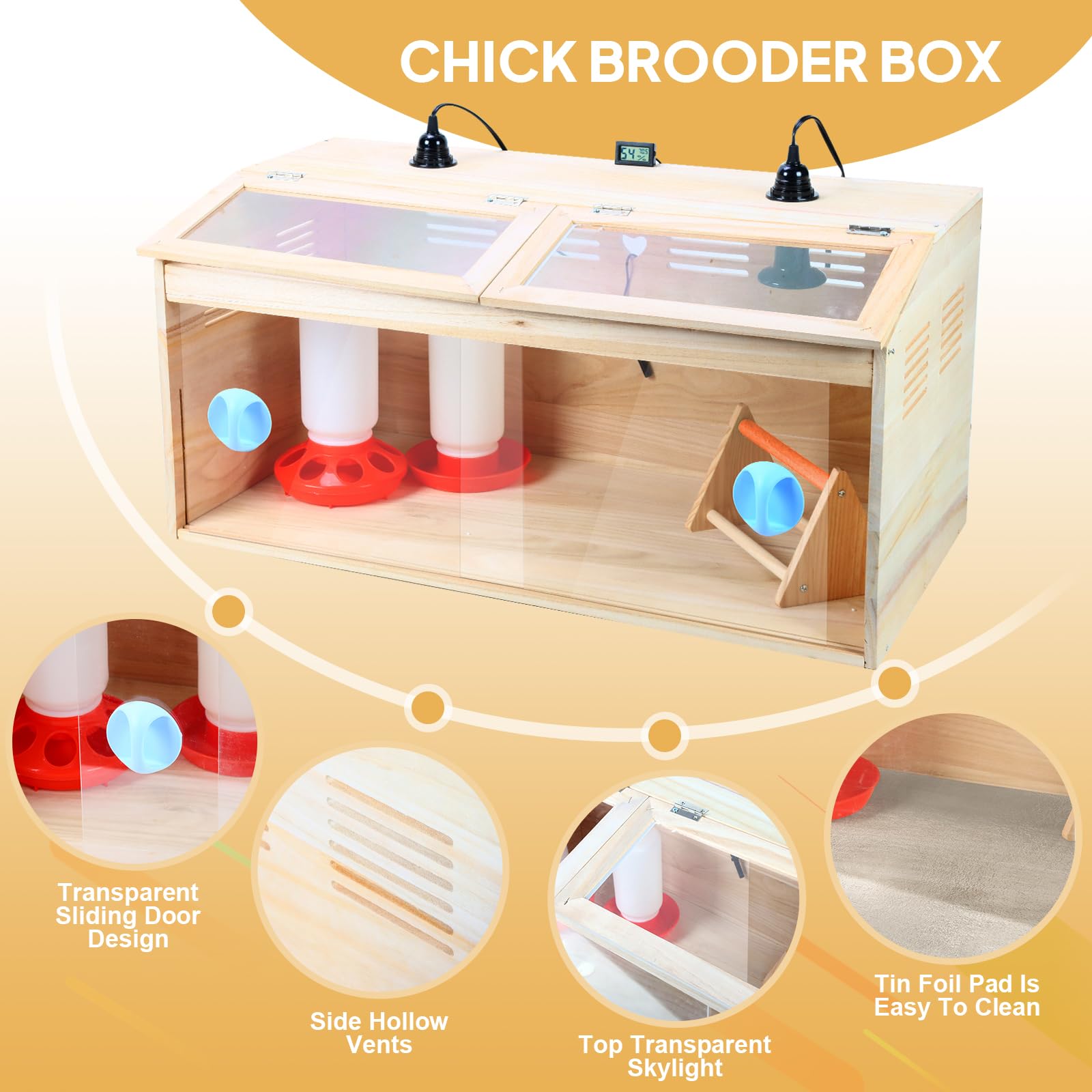 Caja grande de madera para pollitos, kit de iniciación de pollitos, criadora de aves de corral con termómetro y dos lámparas de calor