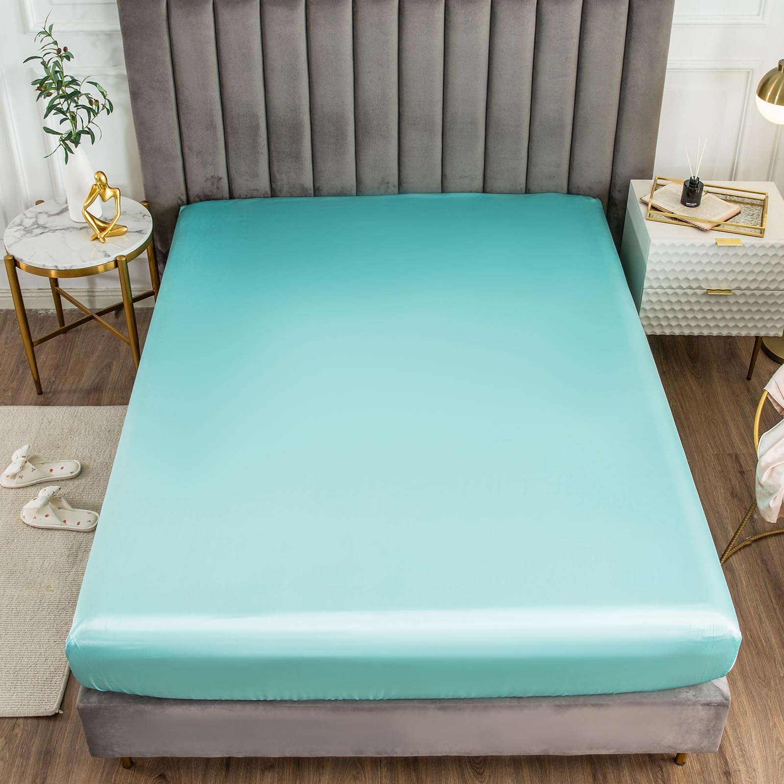 Morbuy 140x190 Fitted Sheet Satin Silk Bed Sheets, Blue Fitted Sheets Deep Pocket 30 cm, Easy Care Ultra Soft Silky Fitted Bedsheets Good for Skin & Hair — image 1