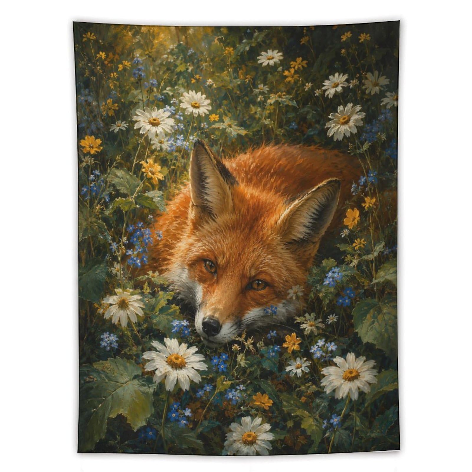 H3B8U2Y5 Fox Wildflower Wall Tapestry, Realistic Illustration