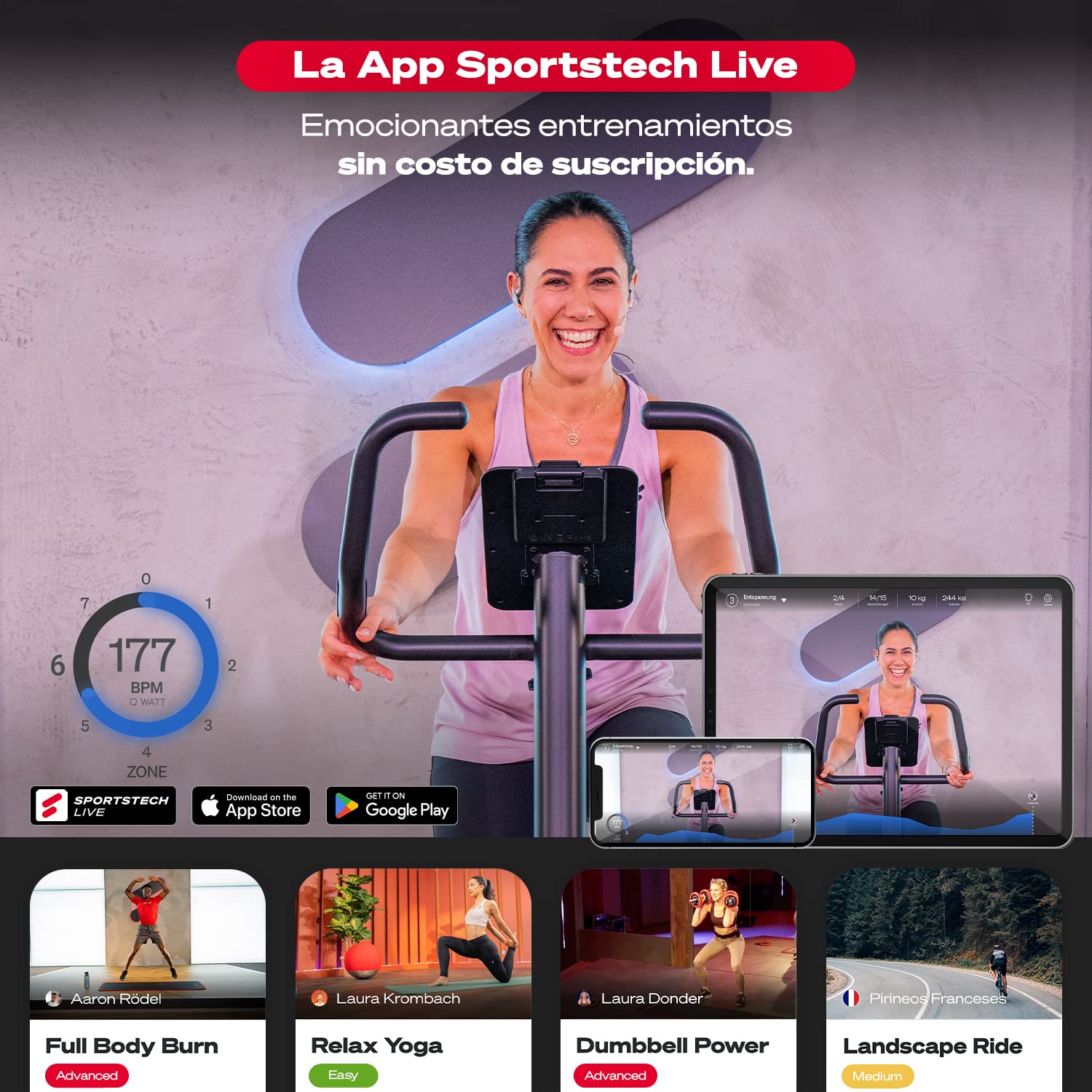Sportstech Bicicleta estática 3 en 1 prémium con vídeo Events y aplicación multijugador | bicicleta con asiento cómodo y sensores de pulso de mano | ergómetro para casa plegable | Fitness Power Ropes | Entrenador doméstico X150 Bike