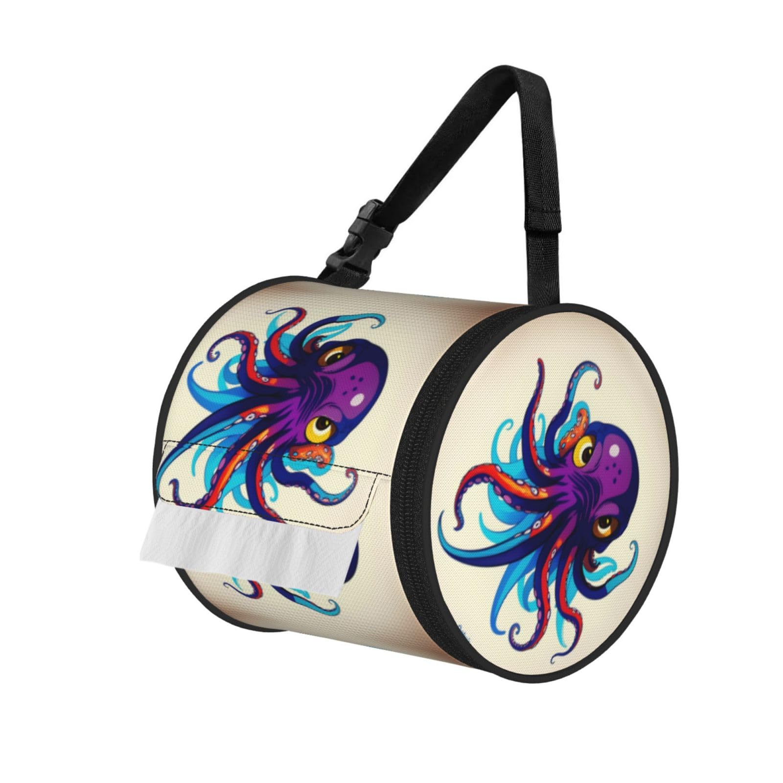 Jiuty Black Octopus Purple Print Cylinder Tissue Organizer Bag With Strap, Portable Toilet Roll Holder For Camping Car