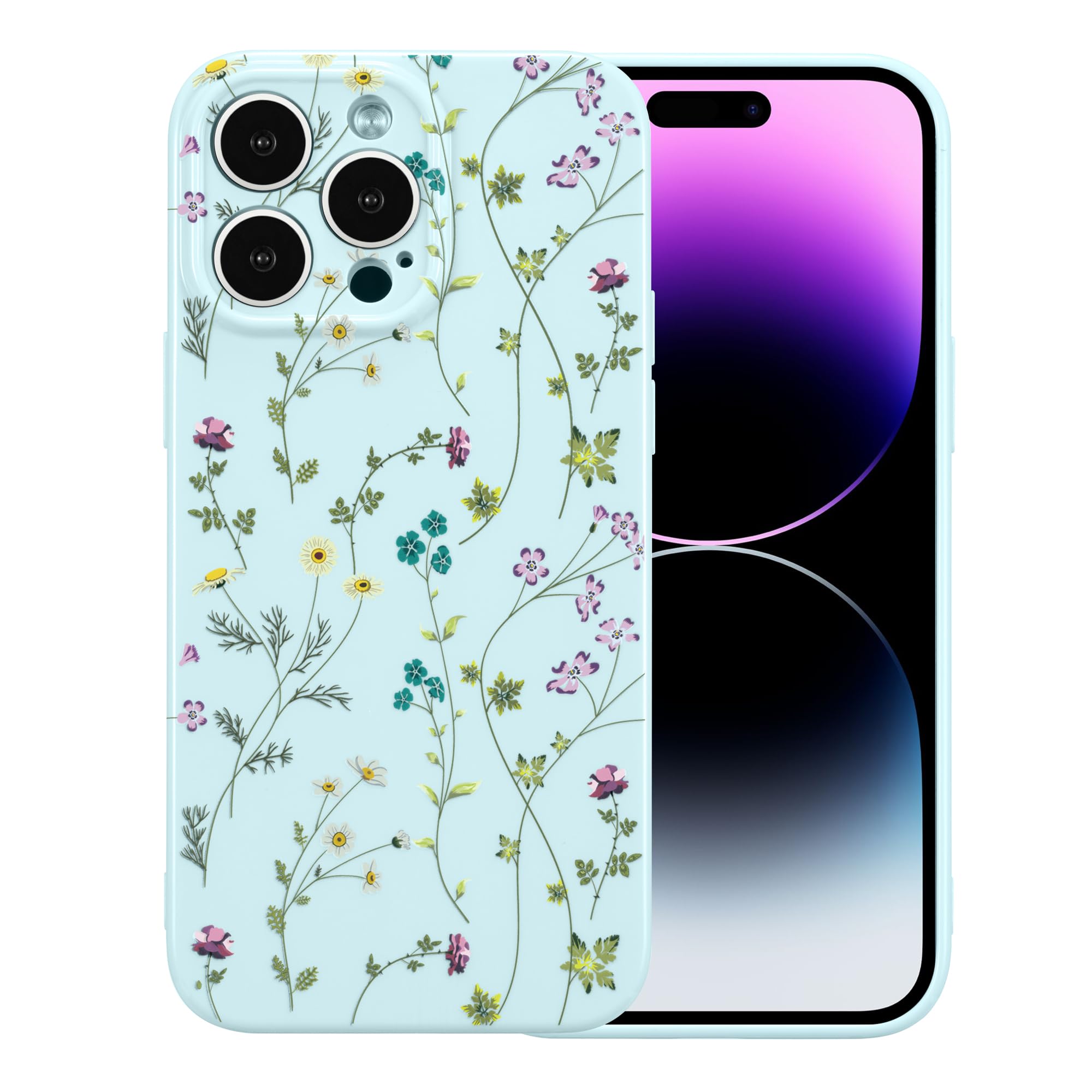 RALEAVO Floral Case for iPhone 14 Pro Max, Flower Branch Pattern Design Cute Cover Case for Girls Women Slim Thin Soft Silicone Shockproof Anti-Slip