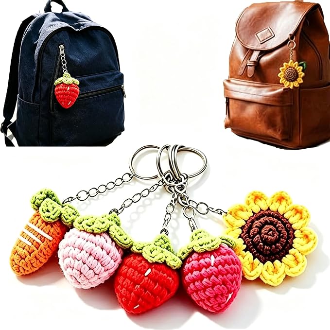 Handmade Crochet Keychain Set with Strawberry, Carrot and Sunflower Designs