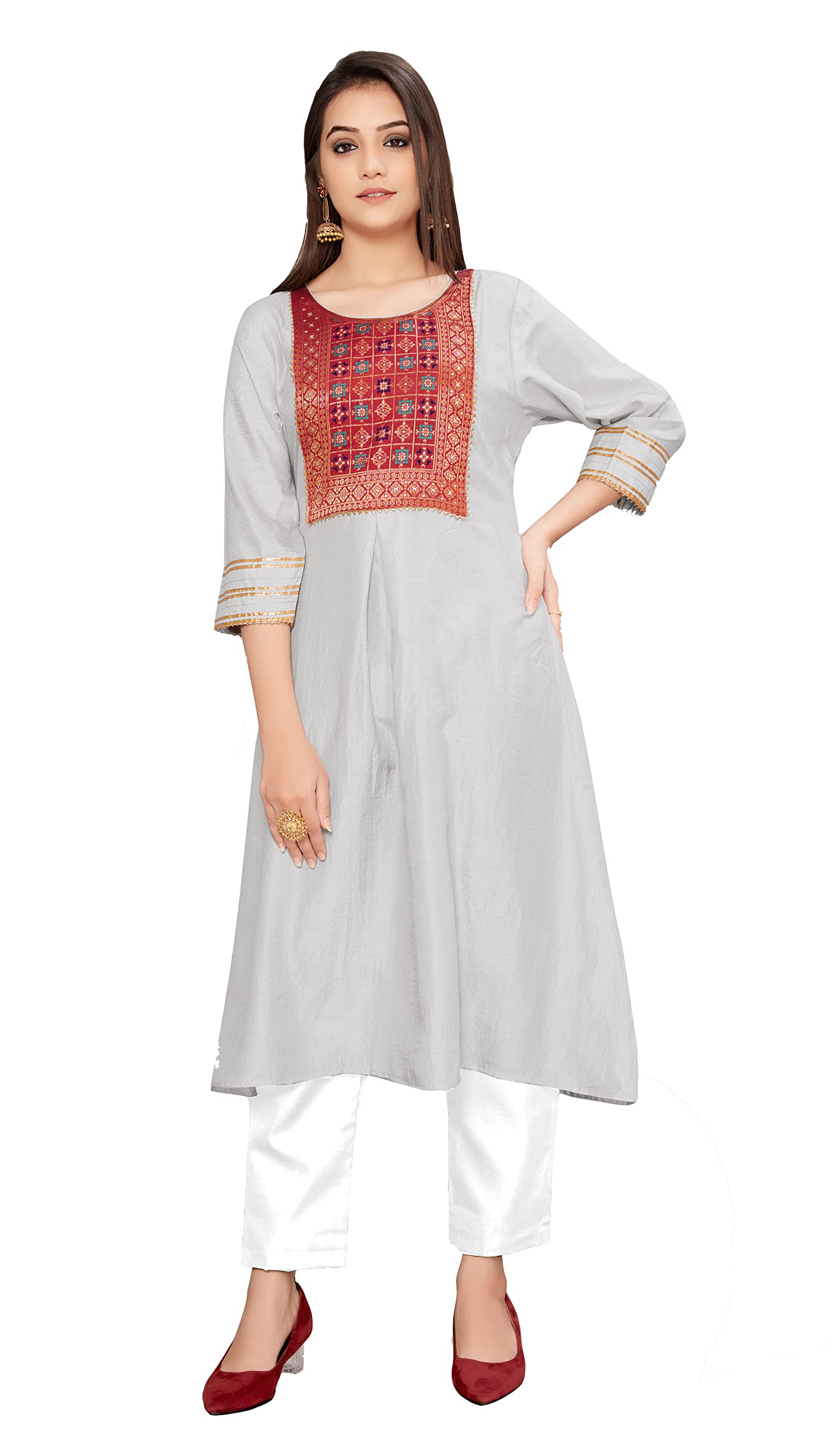 ZEYAN Fabric Women's Designer Grey Round Neck Dola Silk 3/4 Sleeve Readymade Kurti