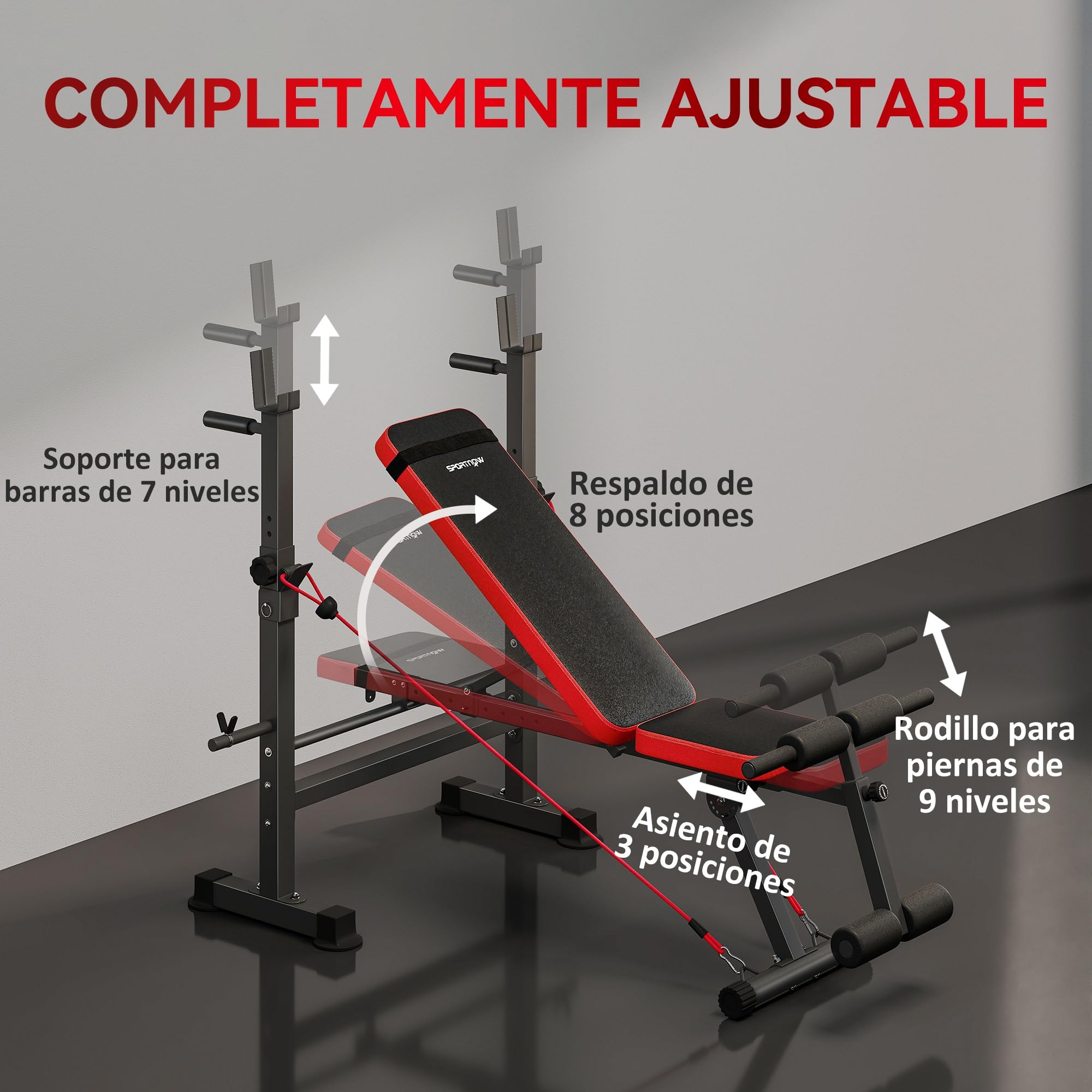 SPORTNOW Banco de Musculación Multifuncional, Carga 300 kg, Banco de Pesas Inclinable con Soporte para Barras Ajustable, Asiento y Respaldo Regulable, para Entrenamiento Completo en Casa Gimnasio