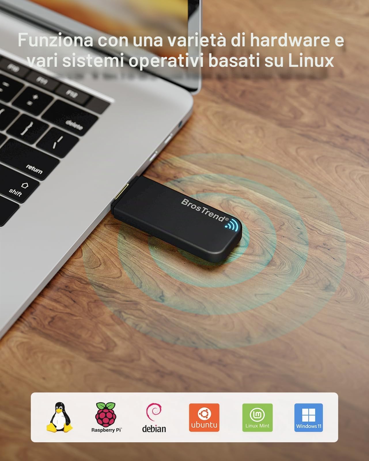 BrosTrend 1200Mbps Linux Chiavetta WiFi USB per PC con Kali, Ubuntu, Mint, Debian, Kubuntu, MATE, Zorin, PureOS, Raspberry Pi 2+, Windows 11/10/8.1/8/7, USB3.0, 5GHz / 867Mbps + 2.4GHz / 300Mbps