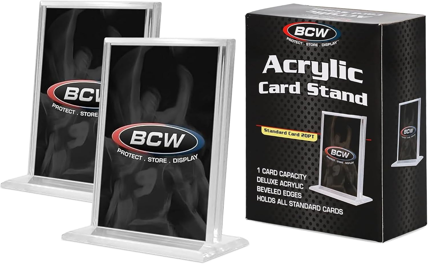 BCW Trading Card Display Stand - 1 ct | Acrylic Card Holder Stand for Sports Cards, Pokémon & TCG | Stable Vertical Card Stand with Beveled Edges | Clear Sports Card Display Stand