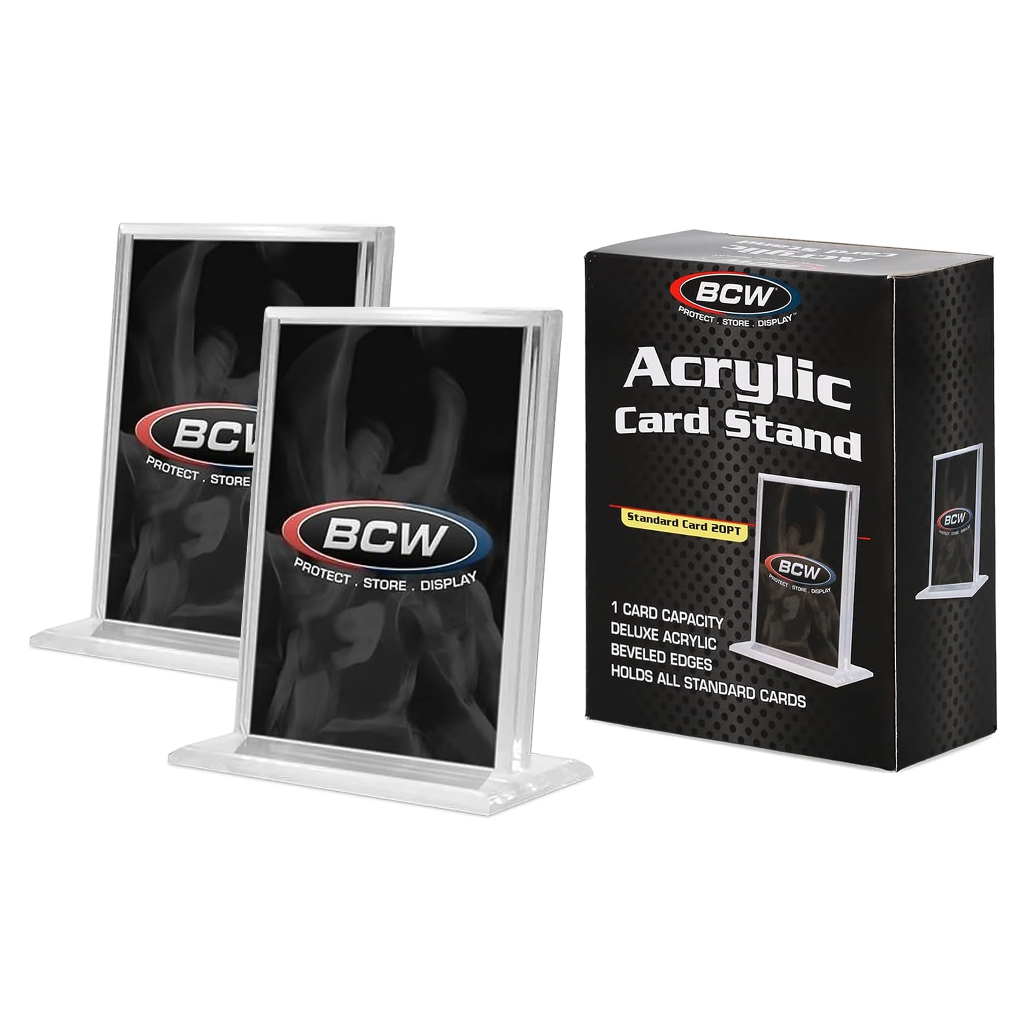 BCW Vertical Acrylic Card Stand (2 Count) | Clear Acrylic Business Card Holder for Trading Cards & Business Cards | Stable Base, Beveled Edges, Crystal Clear Display for Desk or Display Case