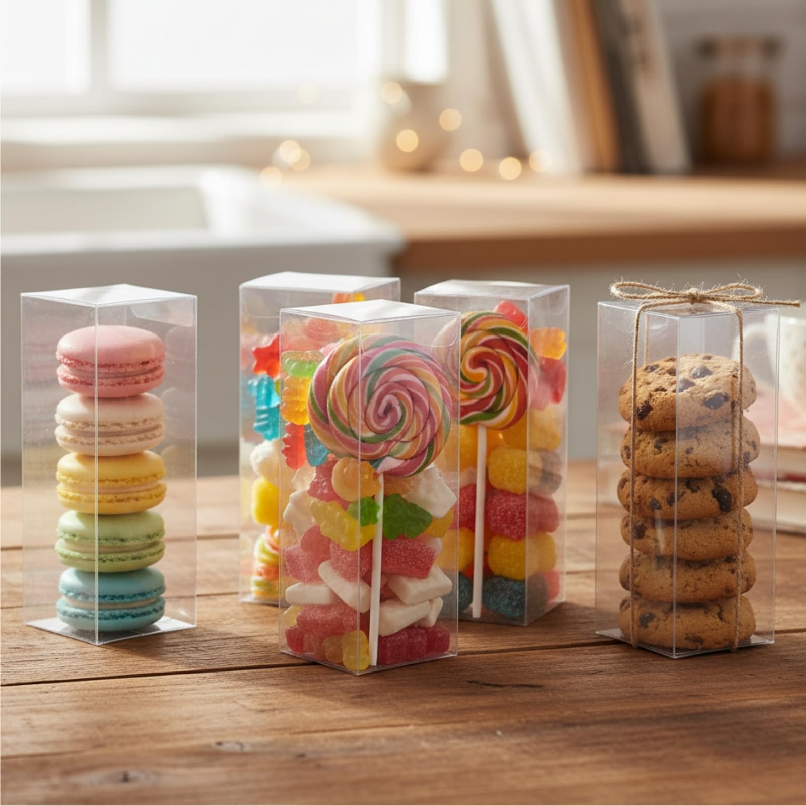 Peohud 80 Stück Transparente Geschenkbox,Rechteckige PVC Durchsichtig Candy Box, Kunststoff Macaron Schokolade Verpackung Boxen für Hochzeit, Geburtstagsparty, Bridal Shower, 5 x 5 x 15cm