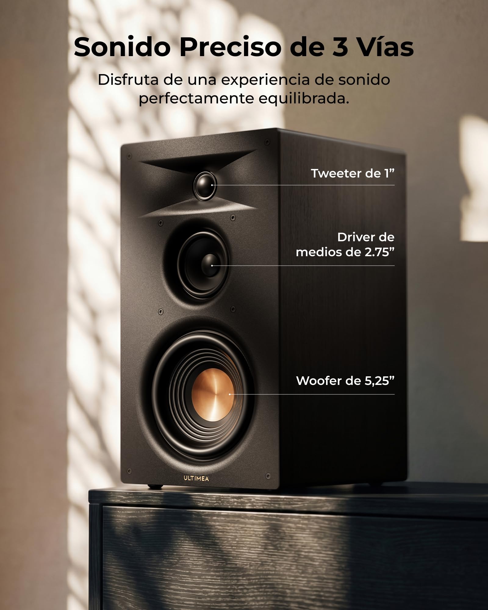 ULTIMEA Altavoces Activos de Estantería de 3 Vías, Woofer de 5,25", 70 W RMS, Control por App, Edge Horn y BassMX, Salida Sub y HDMI ARC, Altavoz Tunetable, Bluetooth/AUX/Óptico, BS-3