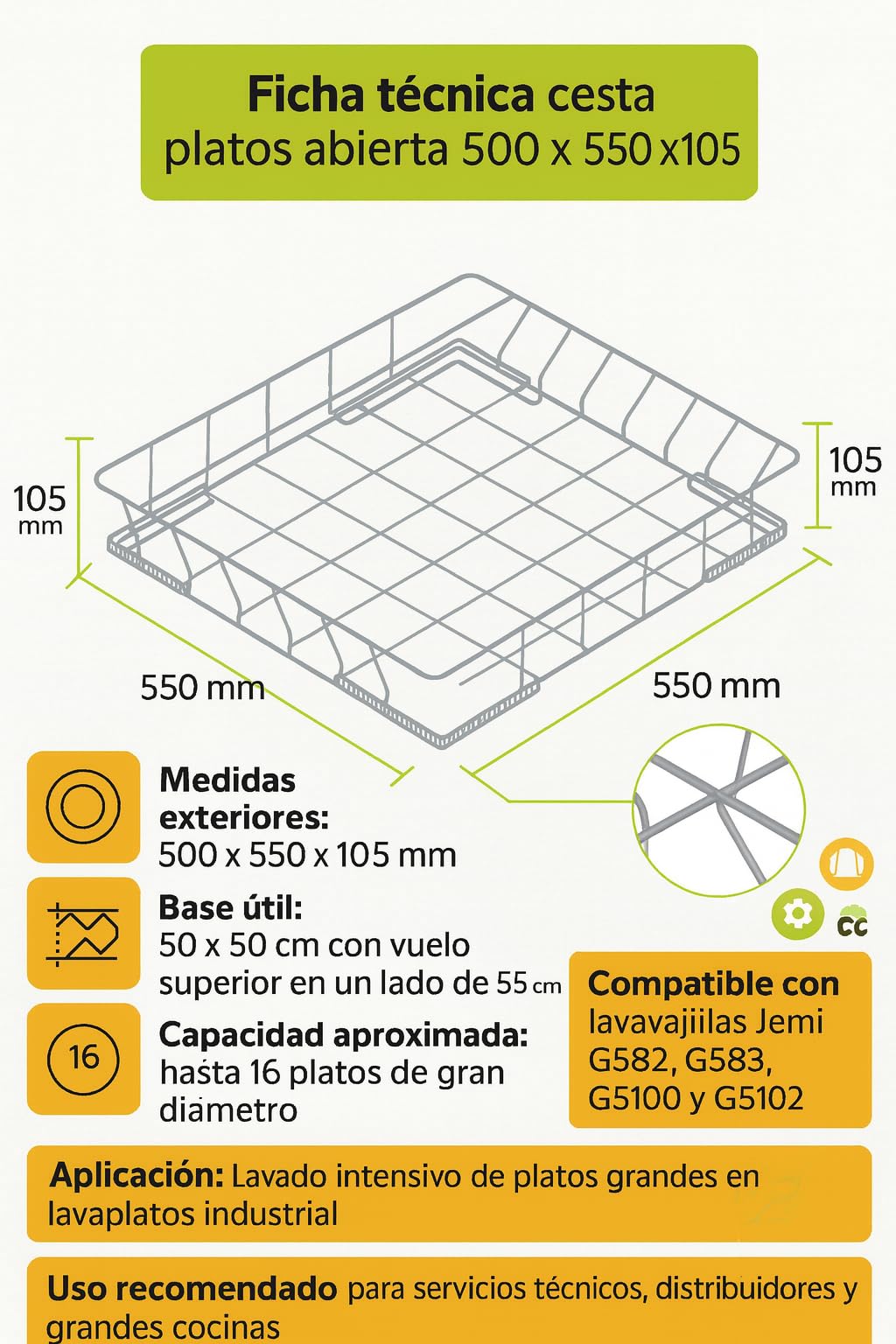 Cesta Platos Abierta 500x550x105 Metalica Lavavajillas Industrial 50x55 Compatible Con Jemi GS82 GS83 GS100 GS102 Repuesto 3502050 Cesto Platos Profesional Hosteleria y Bares