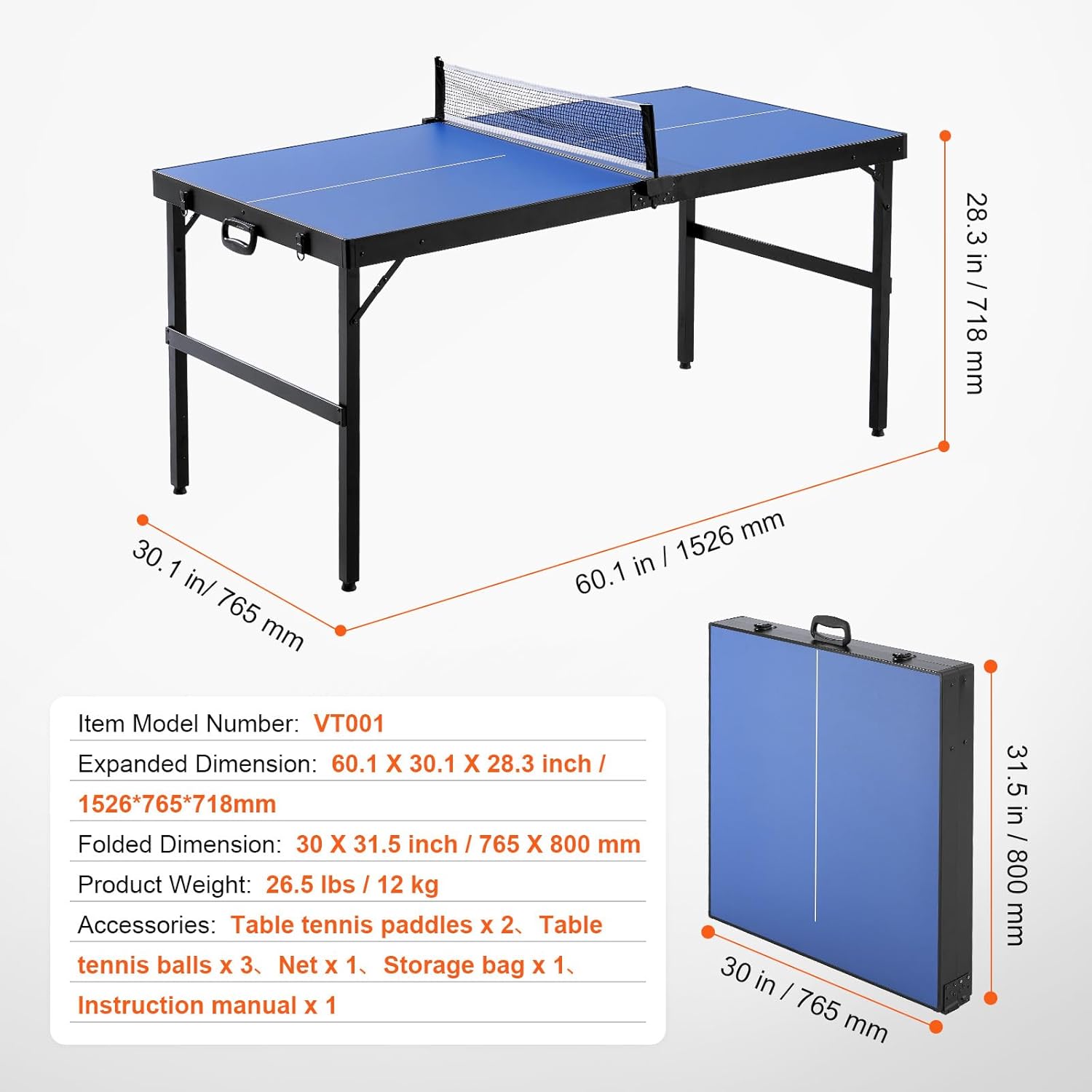 Happybuy Ping Pong Table, Mid-Size Table Tennis Game, Indoor MDF Table Tennis Table, Foldable Portable Complete Set with Net, 2 Paddles, 3 Balls, Carry Bag, Handle (No Assembly Required)