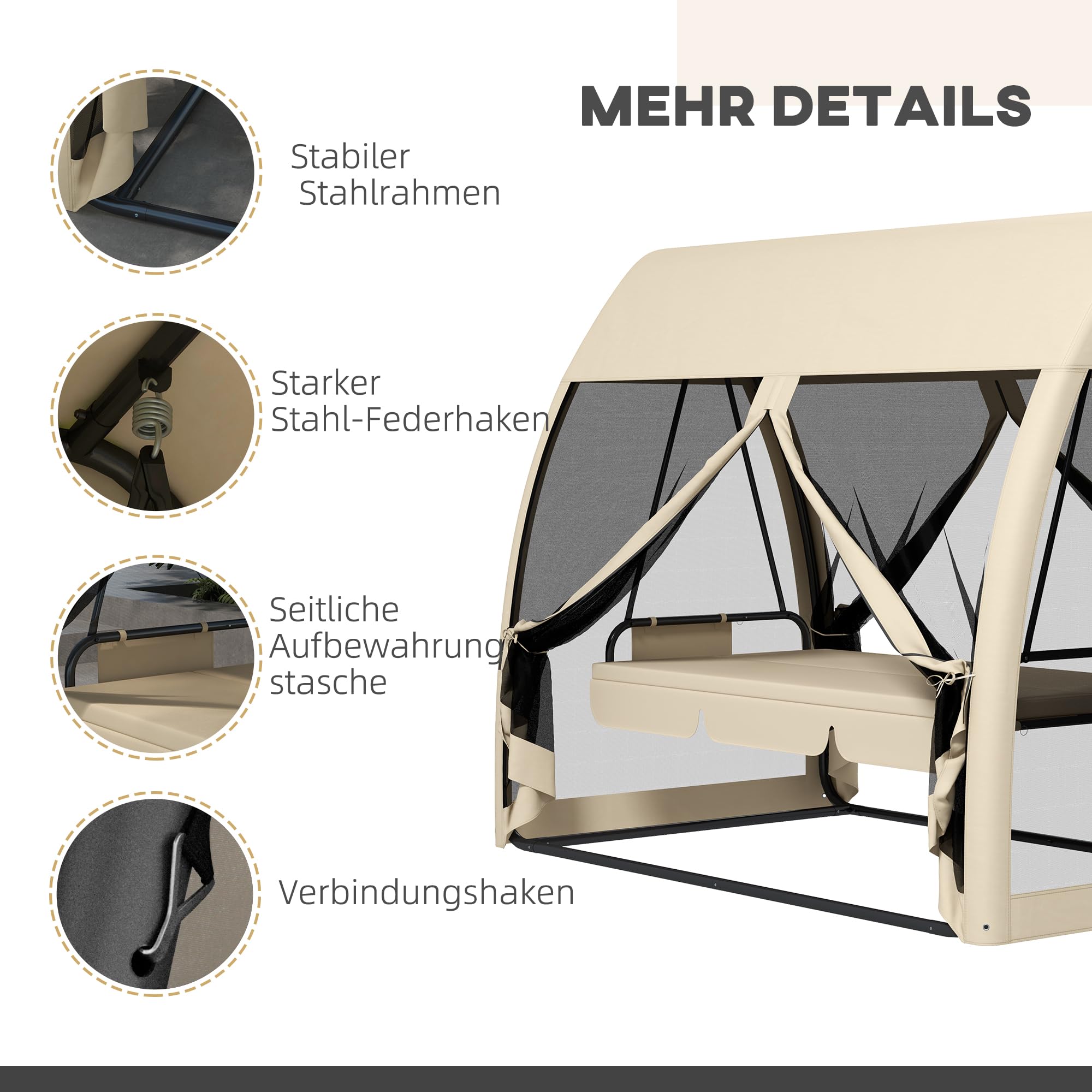 Outsunny 2 in 1 Hollywoodschaukel mit Liegefunktion 3-Sitzer Gartenschaukel mit Baldachin, Mückennetz, Schaukelbank belast bis 300kg, Gartenliege für Garten, Terrasse, 240 x 140 x 197 cm, Kaffee