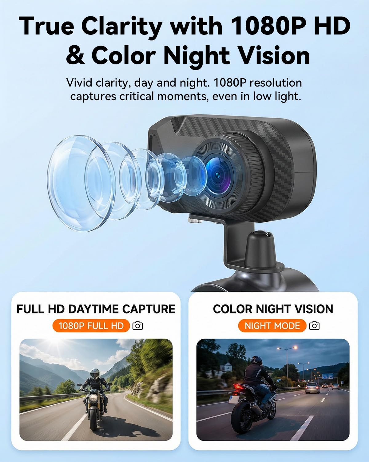 SIXWIN Kamera motocyklowa 1080P WiFi i aplikacją - kolorowa kamera noktowizyjna, wodoszczelność IP66, szeroki kąt 110°, nagrywanie w pętli motocyklowej
