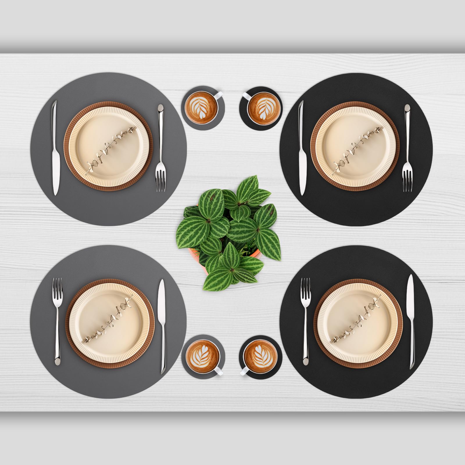 Myir JUN Round Table Placemats Set of 4 Faux Leather Place Mats and Coasters 15 inch Round Dual Sided Placemats Non-Slip Wipe Clean Stain Resistant (Gray Black,Set of 4) - Image 2