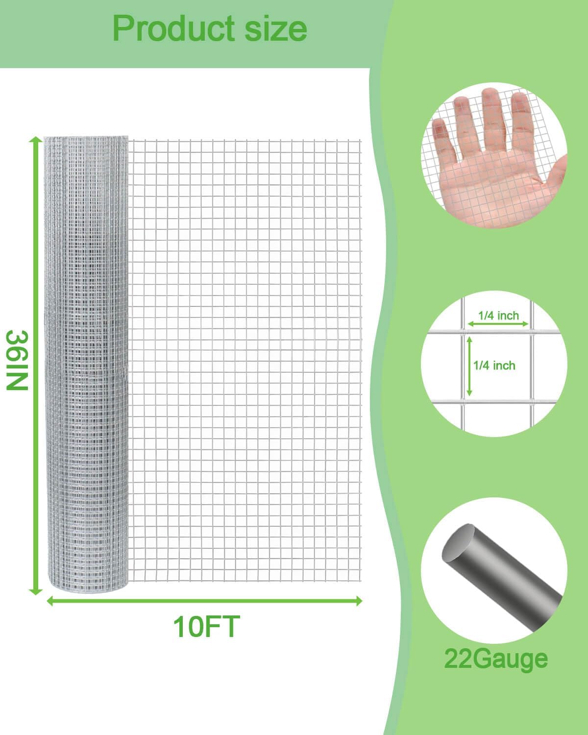 Hardware Cloth 36in x 10ft 1/4 Inch 22 Gauge, Hot-Dipped Galvanized Welded Wire Mesh, Low Carbon Steel, Animal Cage Wire Netting, Garden Wire Mesh