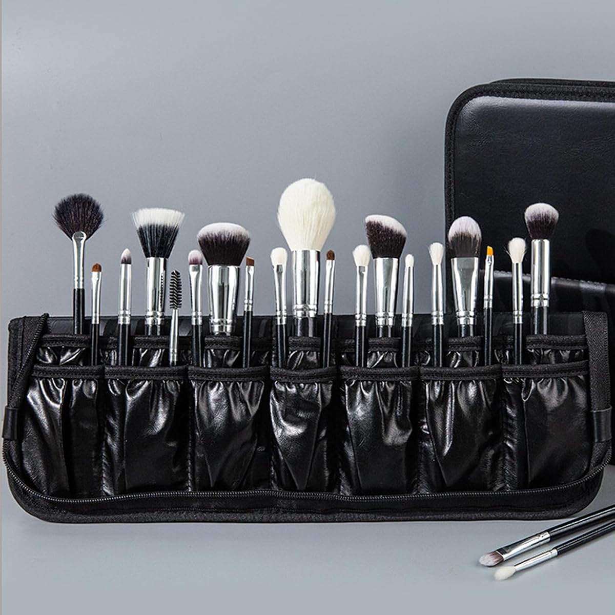 Waterproof PU Black Professional Makeup Brush Organizer Bag, 14-HOLE Cosmetic Brushes Stand-Up Design for Organized Storage (Brushes Not Included)