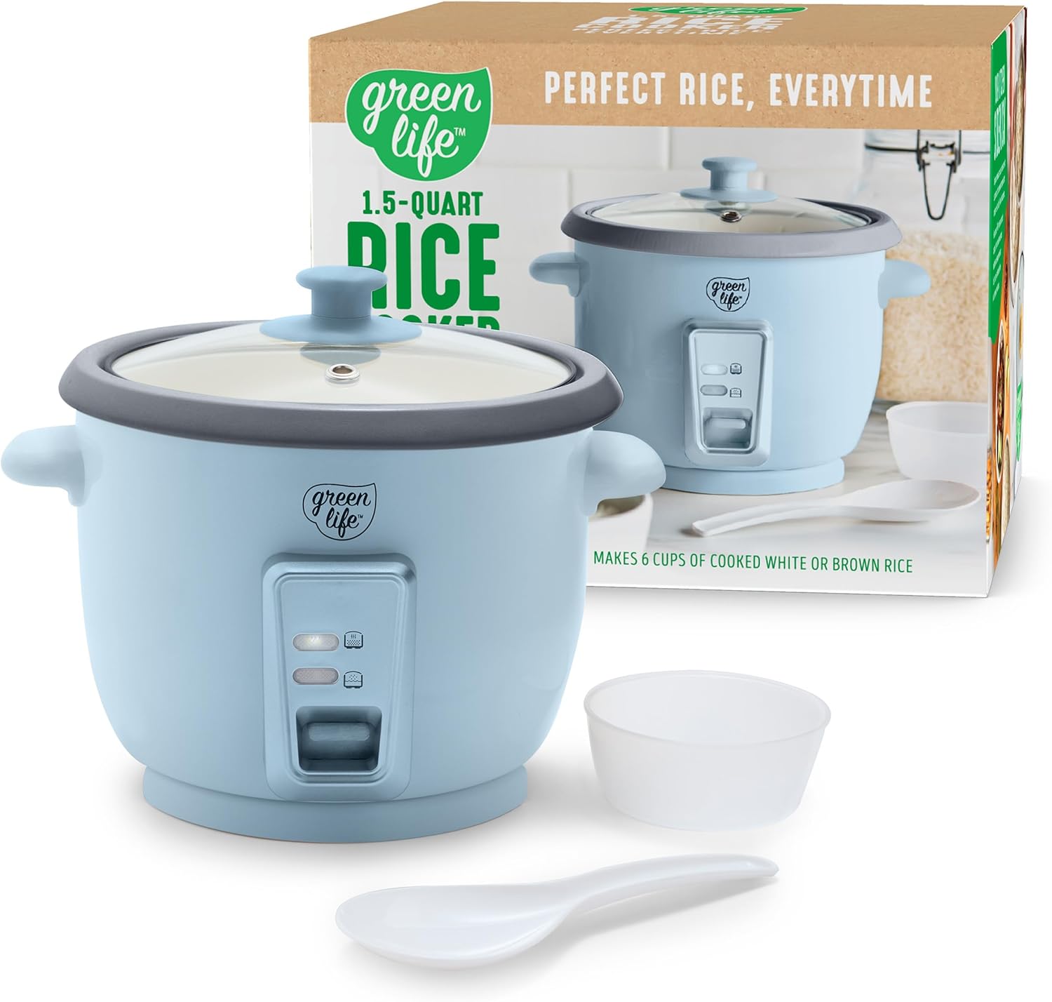 GreenLife Electric Rice Cooker, 3-Cups Uncooked/6-Cups Cooked, Removable PFAS-Free Nonstick Pot, One-Switch Design, Auto Keep Warm, Small Space Saving, Rice Paddle, Soup, Grains, Oatmeal, 1.5 QT, Blue