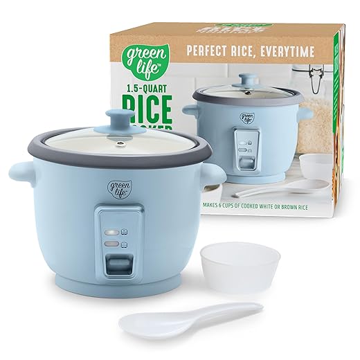 GreenLife Rice Cooker with Removable PFAS-Free Ceramic Nonstick Pot, 3-Cups Uncooked/6-Cups Cooked, Grains & Oatmeal Multicooker, Compact One-Switch Design, Auto Keep Warm, Easy Clean, Blue Haze