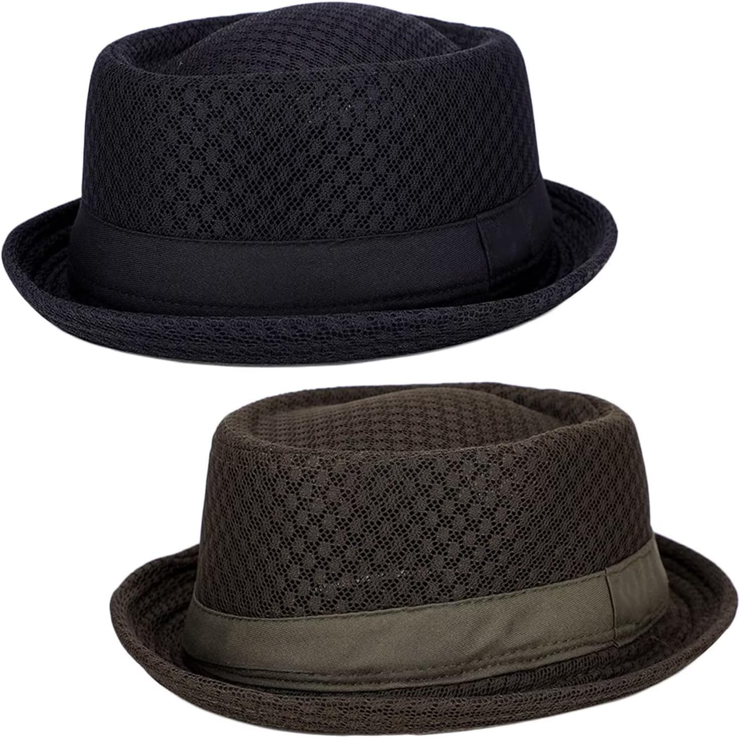 Mens Pork Pie Hat Summer Fedora Cap Sun Hat Panama Hat Breathable Gentlemen Jazz Cap,Pack of 2