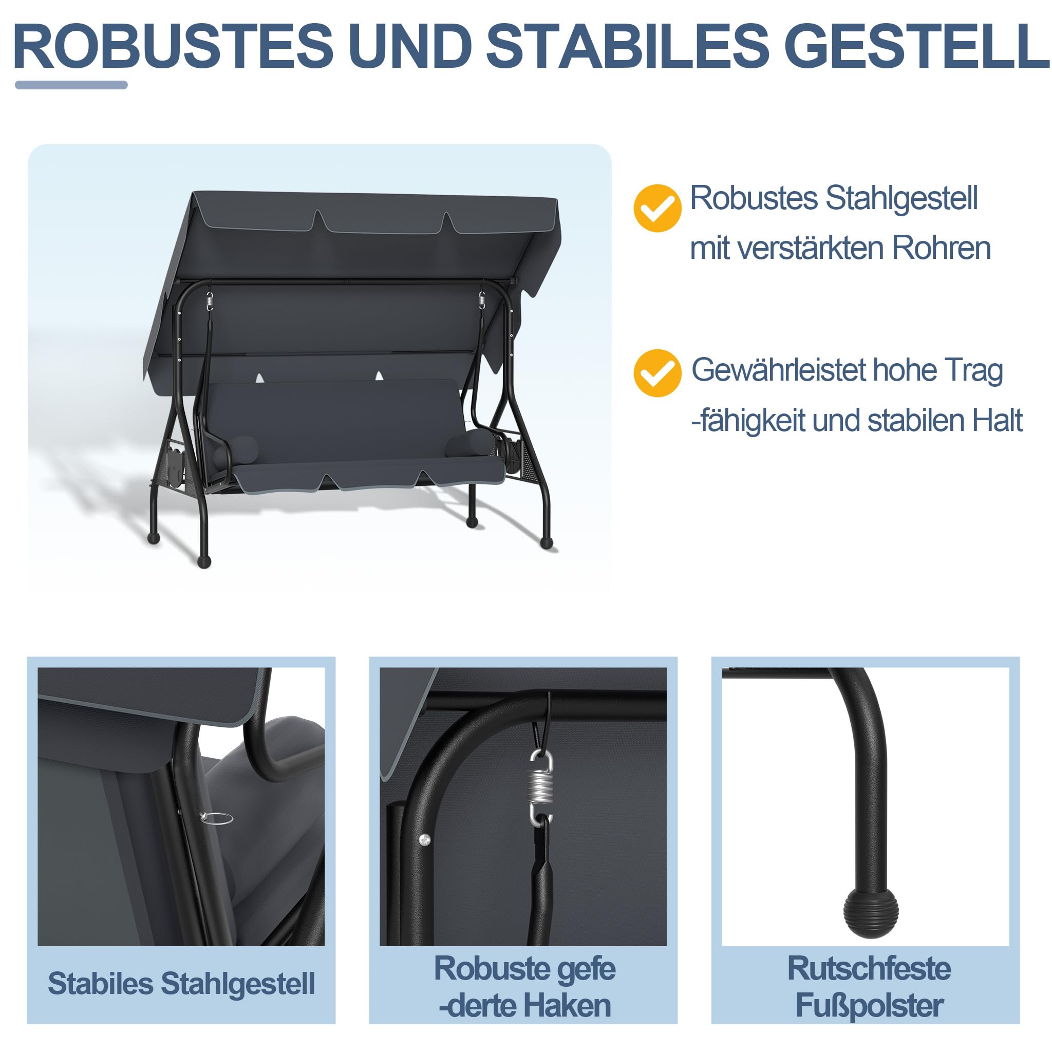 XMTECH Hollywoodschaukel 3-Sitzer mit Liegefunktion & verstellbarem Sonnendach, Gartenschaukel mit Seitentischen & Kissen, Schaukelbank Garten Terrasse, bis 350 kg, 185 x 113 x 163 cm, Anthrazit