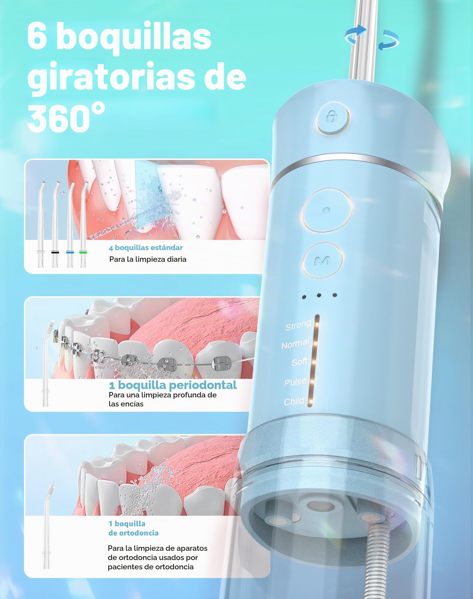 Bezvoi Irrigador Dental Portátil Bezvoi, Mini Inalámbrico 5 Modos, Depósito Extraíble, IPX7 Impermeable, Limpiador Bucal Recargable para Ortodoncia y Dientes Sensibles, Azul