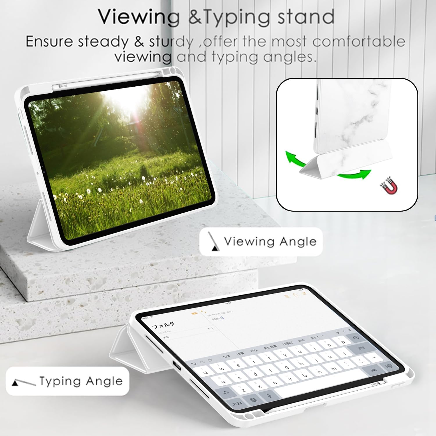 ZryXal New iPad Pro 13 Inch Case (M5) 2025 / (M4) 2024 with Pencil Holder, Smart iPad Case [Support Pencil Pro and Pencil (USB-C)], Support Touch ID and Auto Wake/Sleep (Marble White)