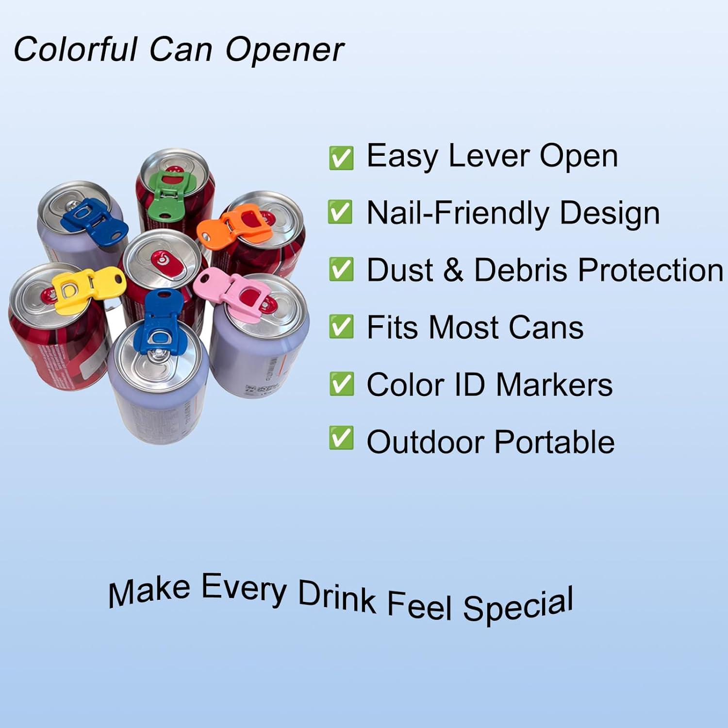 Soda Can Opener Set, 10PCS Easy Tab Opener and Drink Protector with Reusable Complete-Cover Plastic Can Toppers, Fits Coke, Beer & Aluminum Beverage Cans, 5 Colors Lids for Party, BBQ, Camping