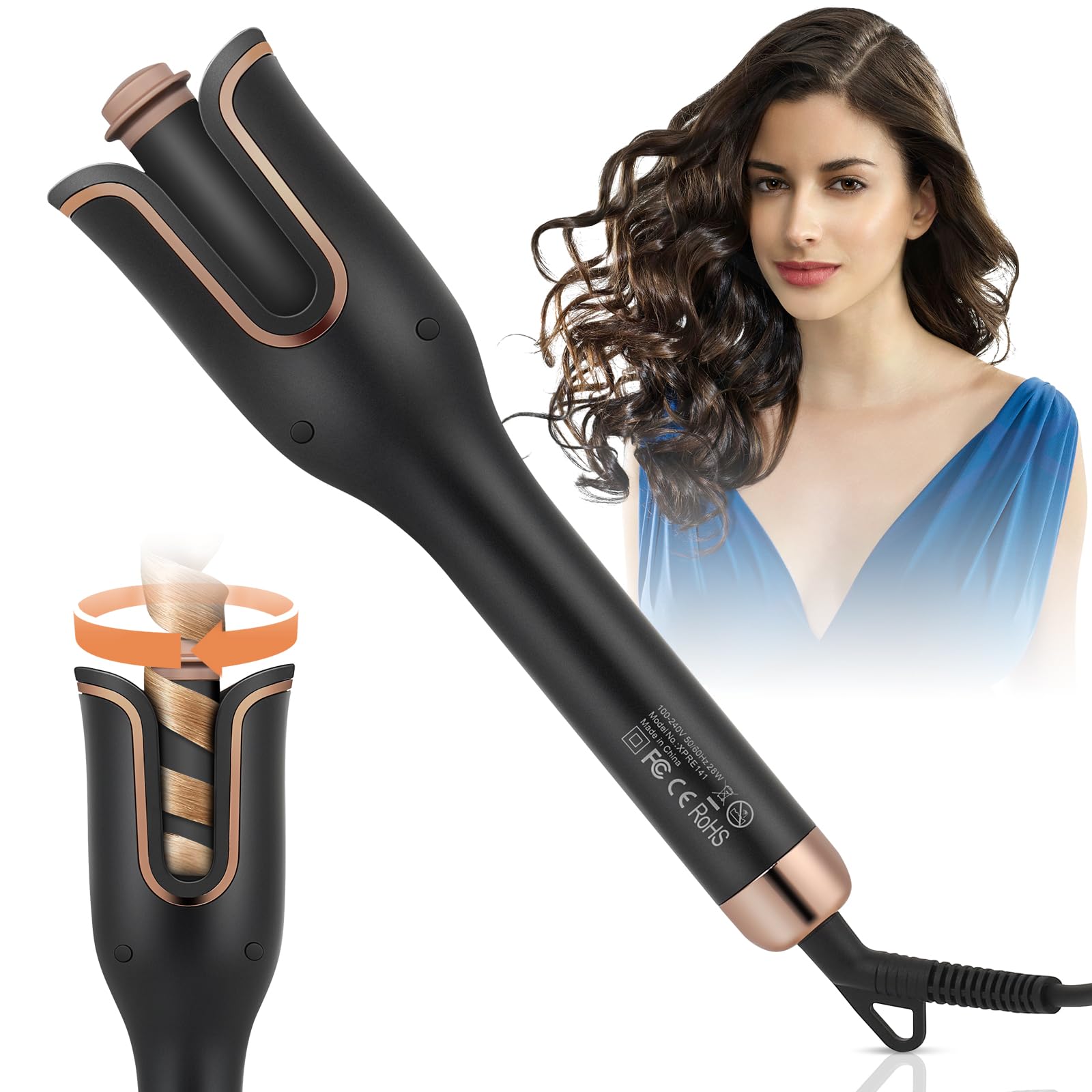 Euakee Rizador de Pelo Automático, Rizador Pelo Ondas con 4 Temperaturas Ajustables, Antiquemaduras, Fácil de Usar, Calentamiento Rápido, Peinado de Larga Duración (Negro)