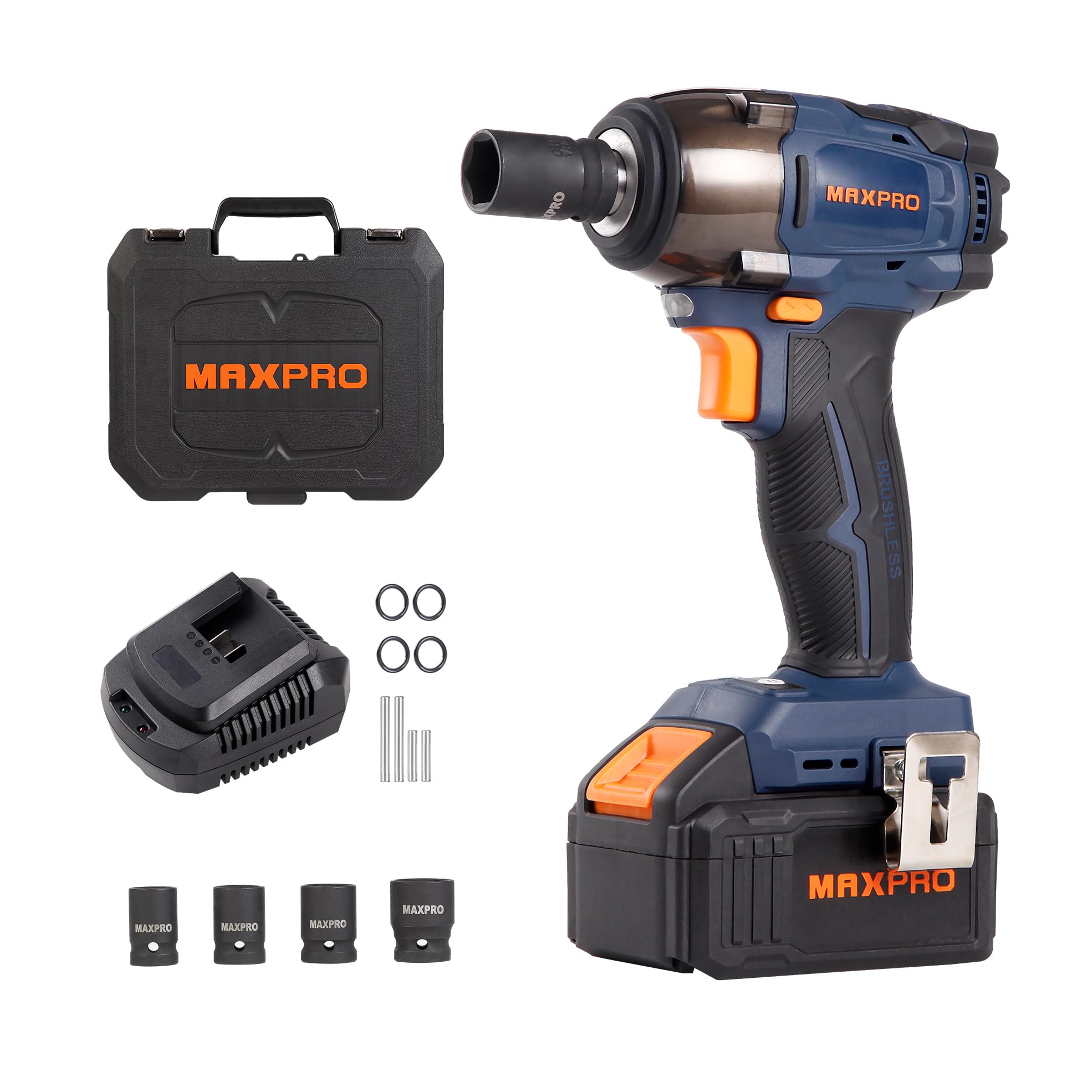 MAXPRO Clé à Chocs Sans Fil Brushless 350Nm, 18V Boulonneuse a Choc Electrique avec une Batterie 4.0Ah, 3 vitesses réglables, Fréquence d'impact 2550RPM, 4 Douilles à Chocs, Lumière LED