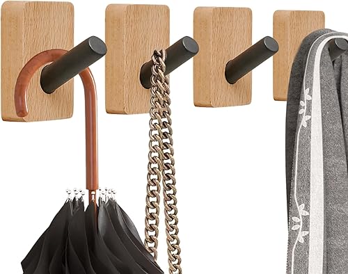 Ganchos de madera para abrigos, paquete de 4 ganchos de pared de madera de haya a prueba de óxido, ganchos adhesivos para colgar abrigos, bolsas,