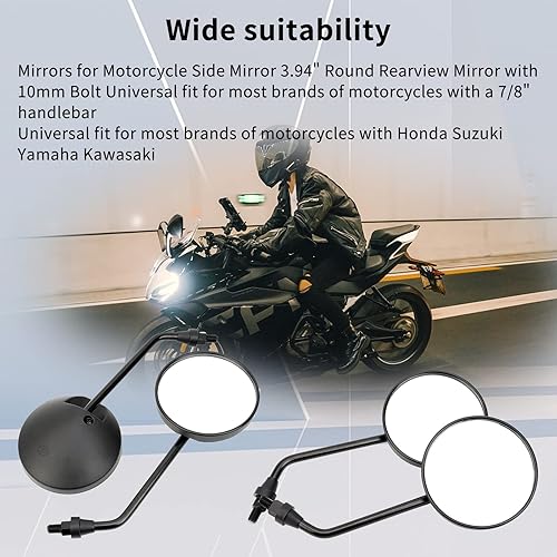 Miniatura 4 de Espejo retrovisor universal redondo de 3.94 pulgadas/0.394 in compatible con Honda Suzuki Yamaha Kawasaki, para la mayoría de marcas de motocicletas